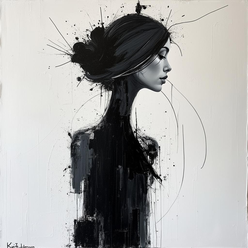 Black and White Profile of a Woman with Abstract Elements