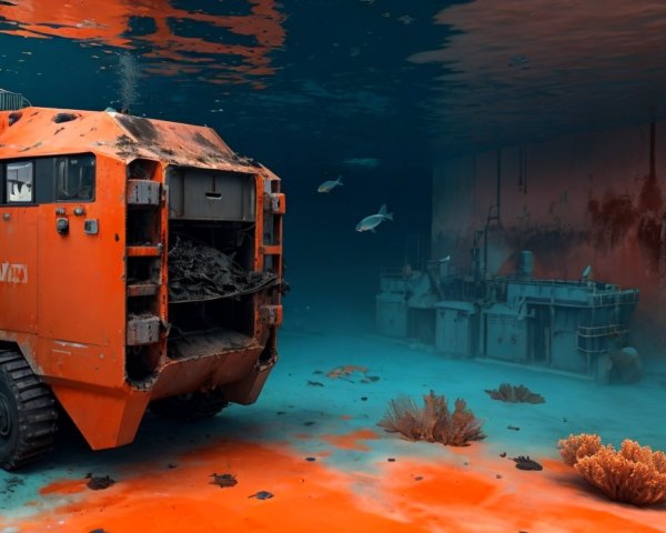 Orange underwater vehicle on sea floor surrounded by marine life and coral in eerie industrial setting