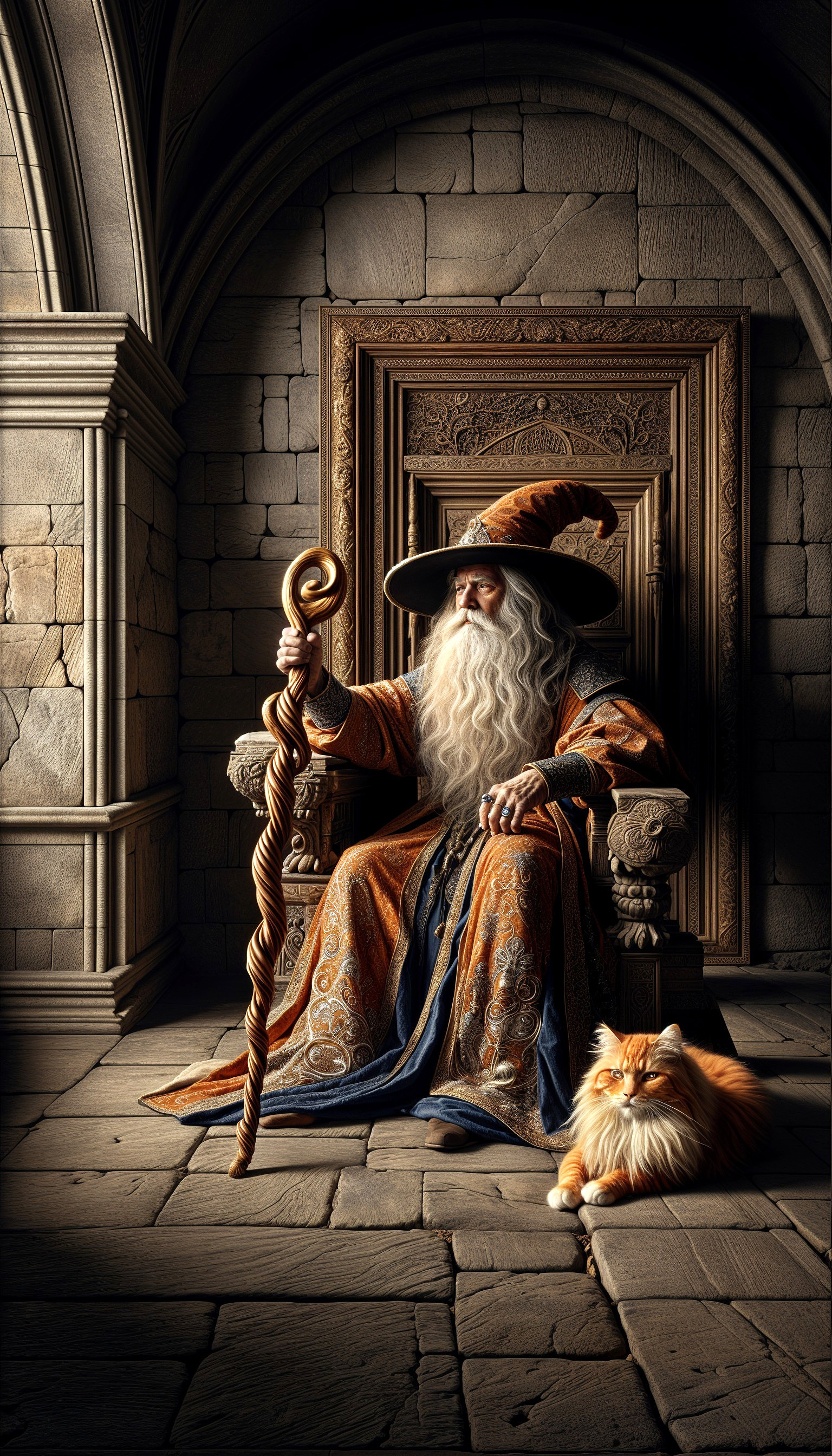 Elderly wizard on throne in dimly lit stone chamber