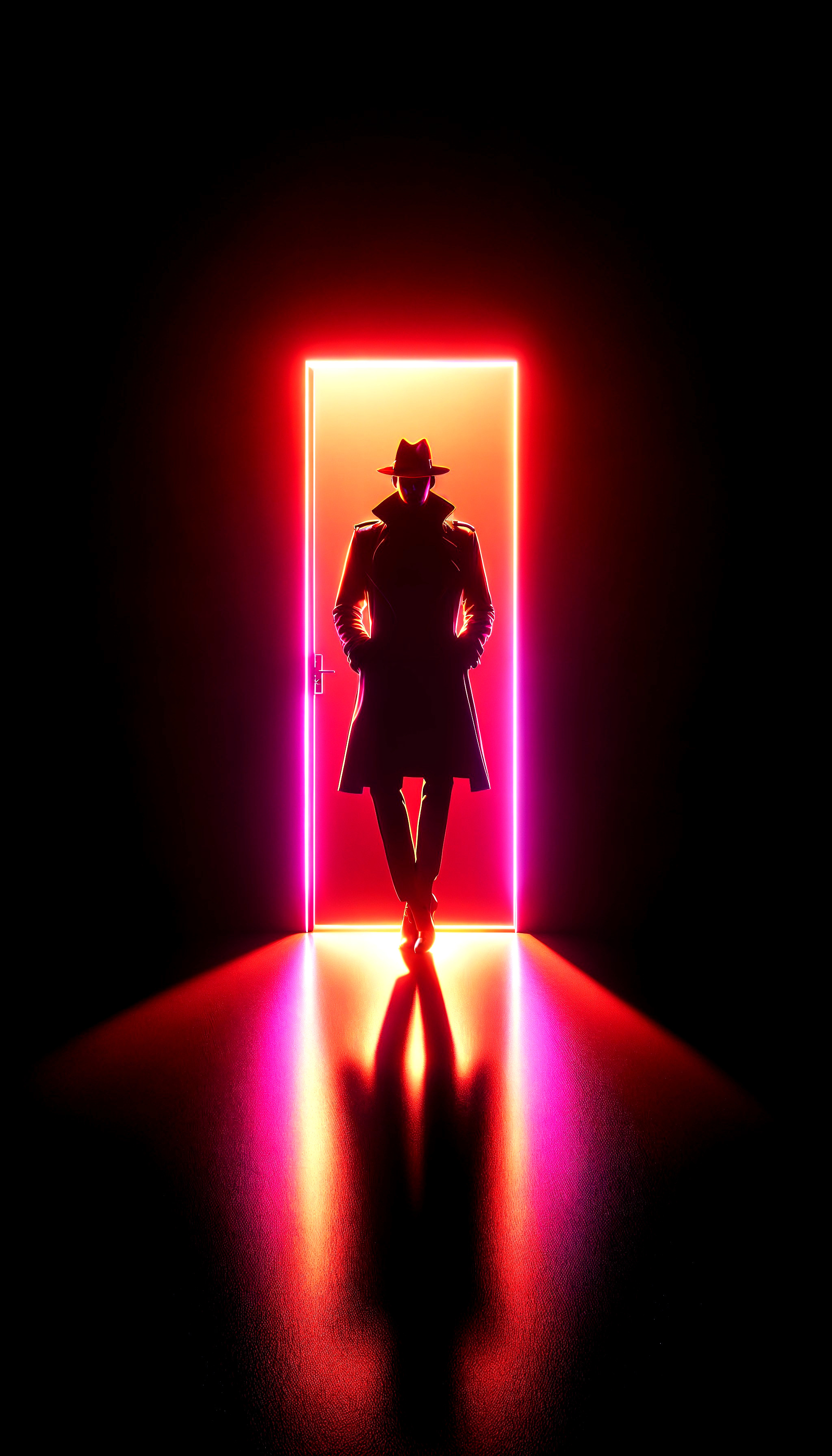 Silhouetted Figure in Neon-Lit Doorway Scene