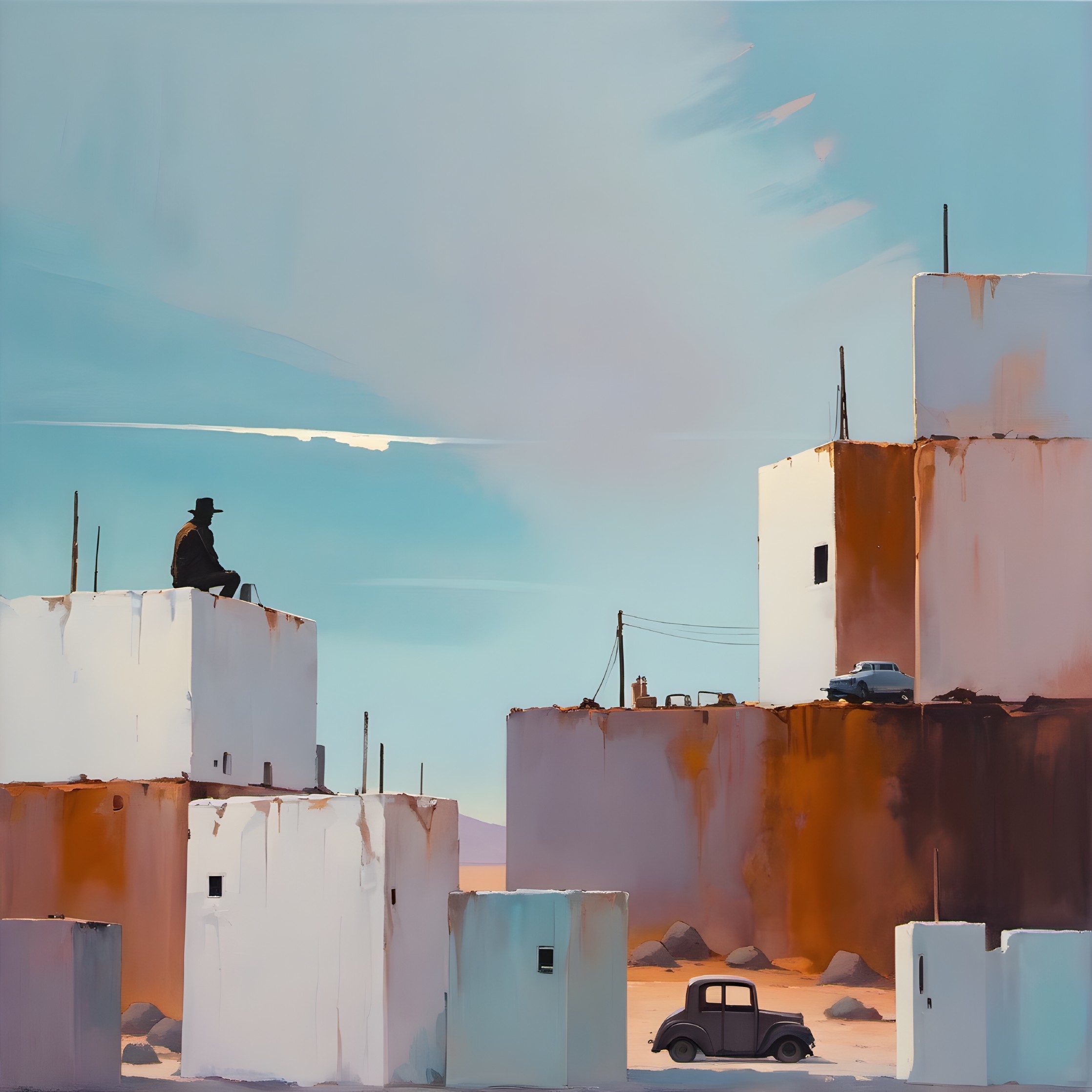 Serene Desert Landscape with Vintage Car and Figure