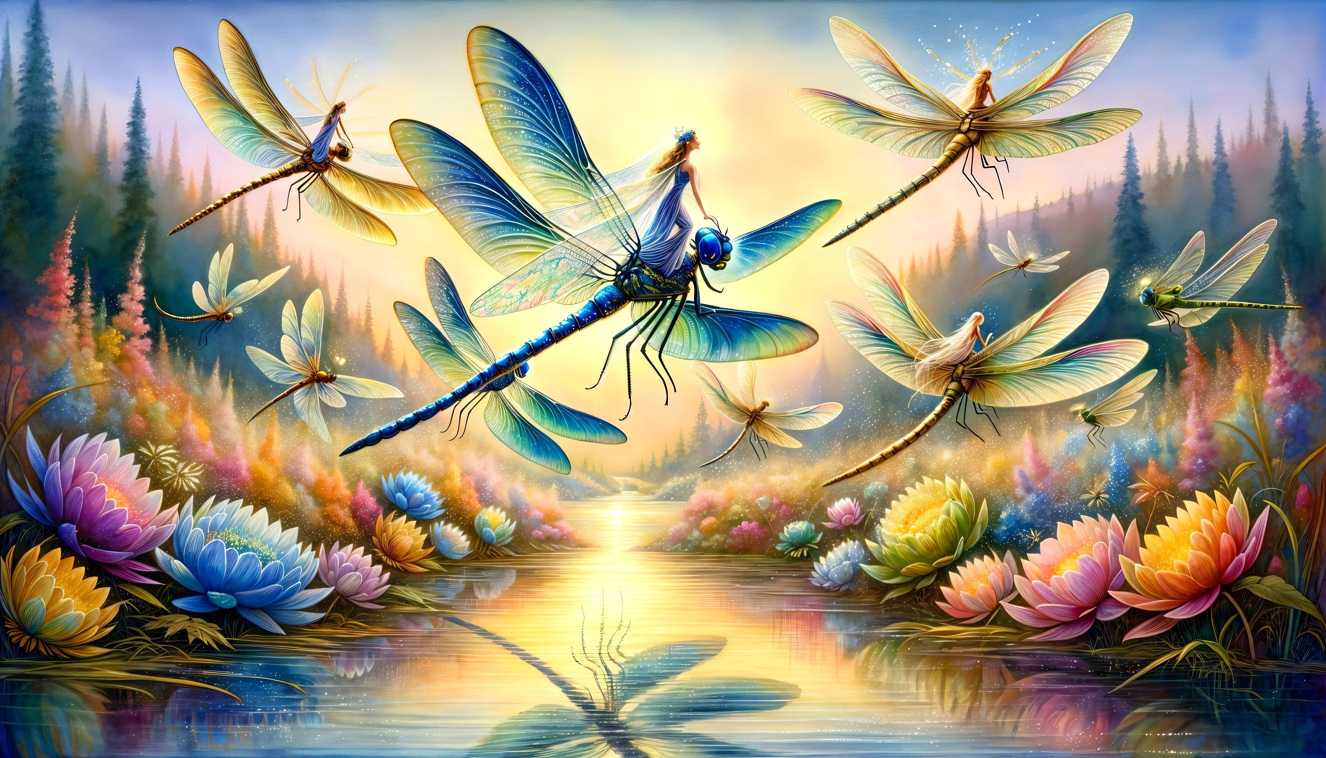Vibrant Dragonflies Over a Tranquil Water Landscape