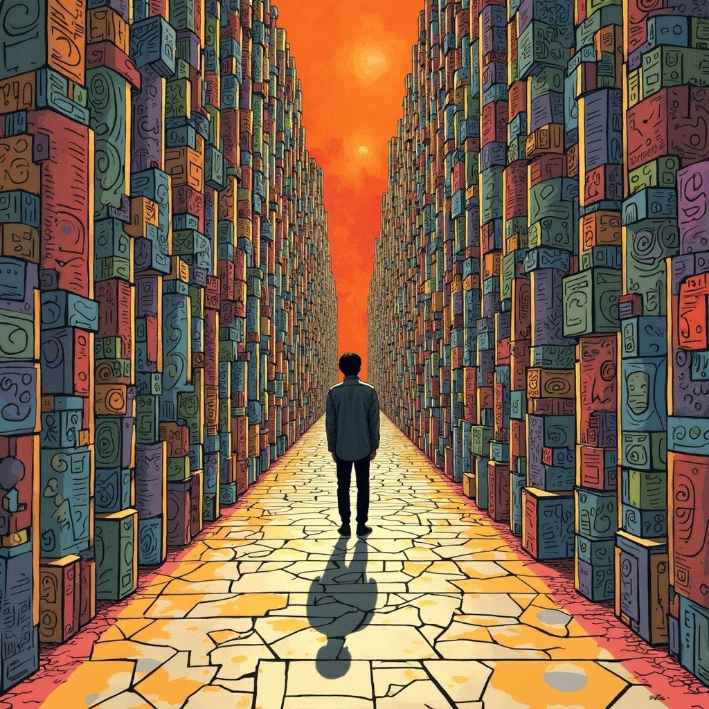 Lone Figure in Colorful Corridor at Sunset