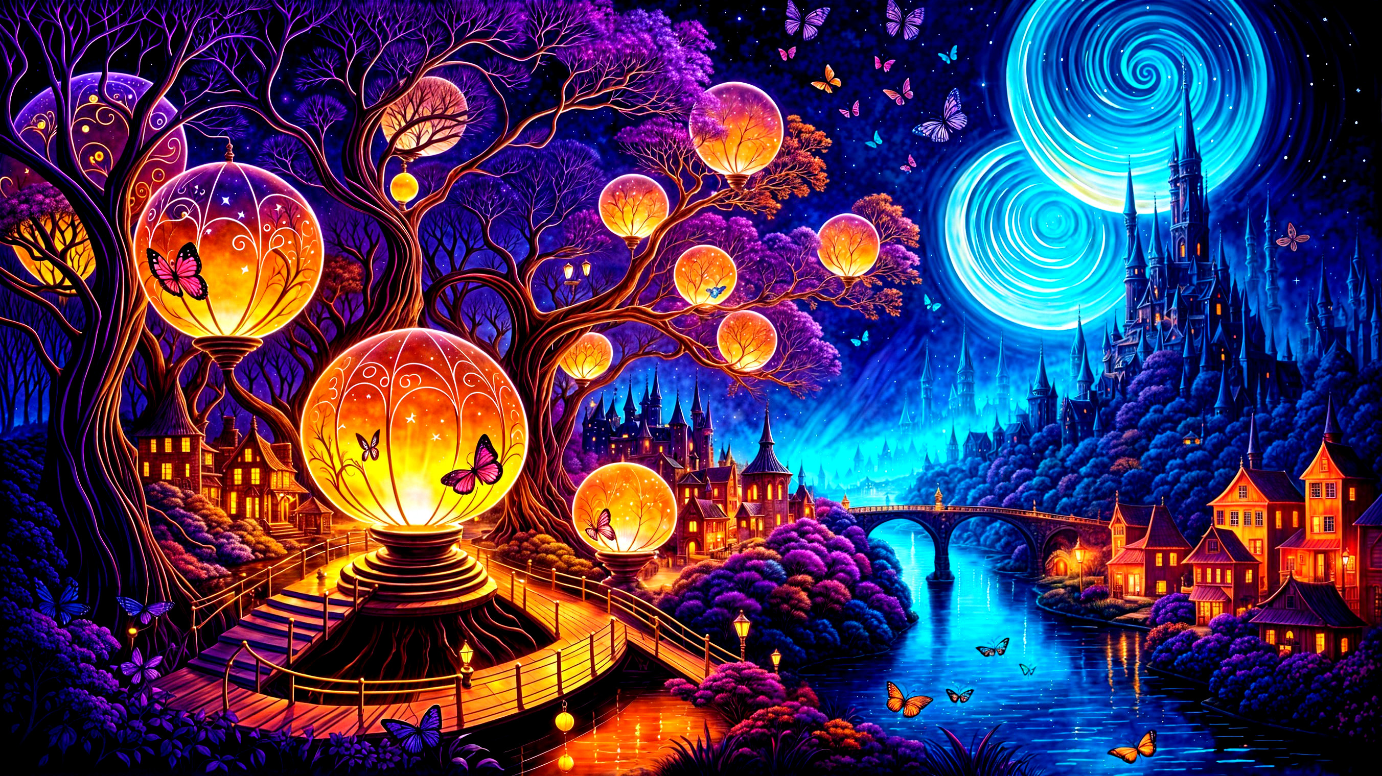 Mystical Landscape with Glowing Orbs and Castle