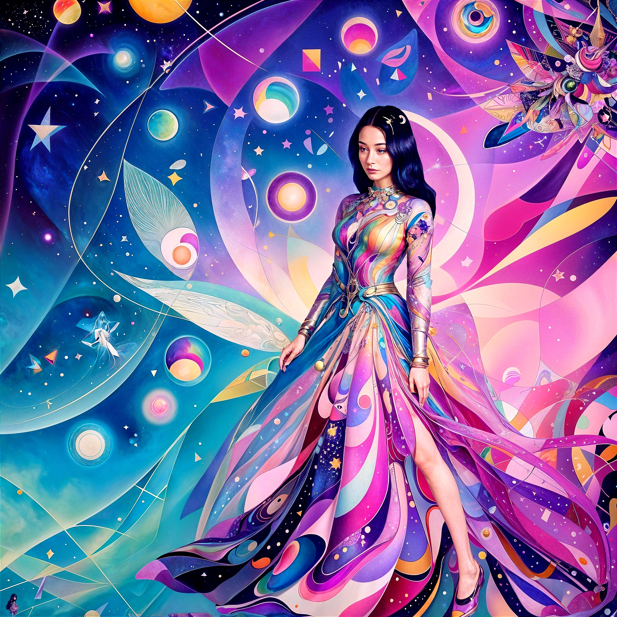 Otherworldly Scene with Cosmic Gown and Galaxies
