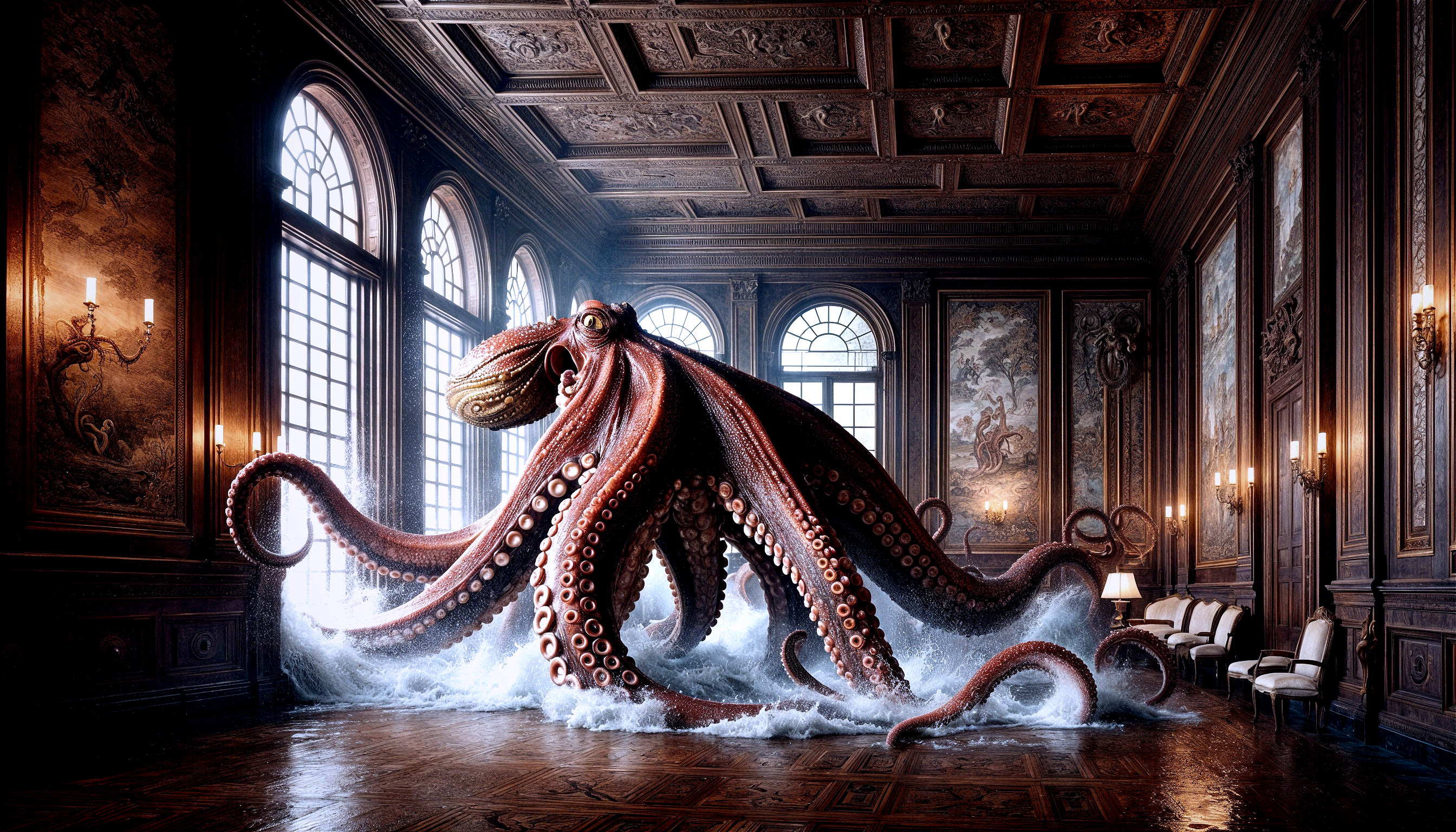 Giant Octopus in Lavishly Decorated Room Scene