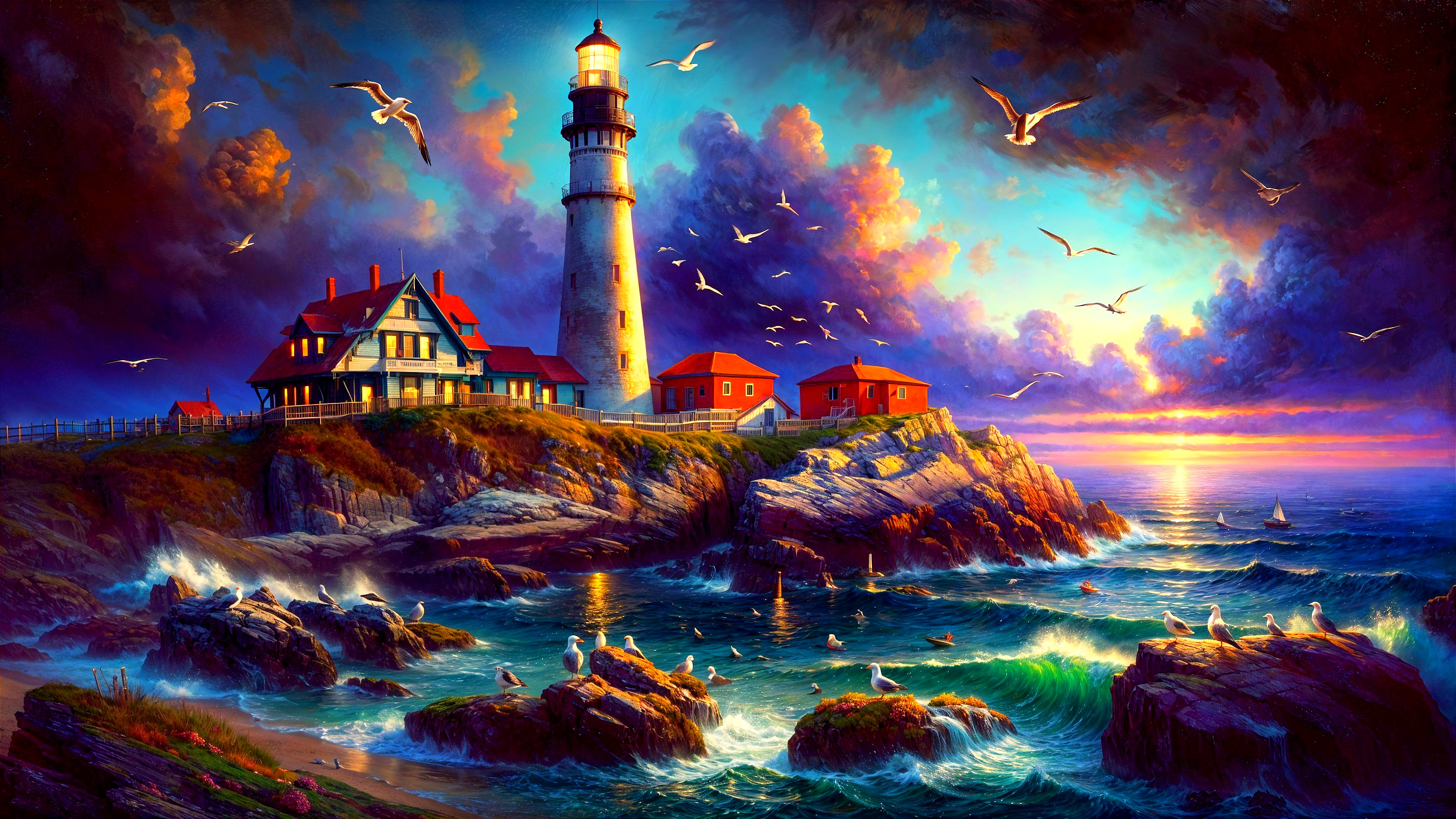 Lighthouse at Sunset Over Rocky Coastline Scene