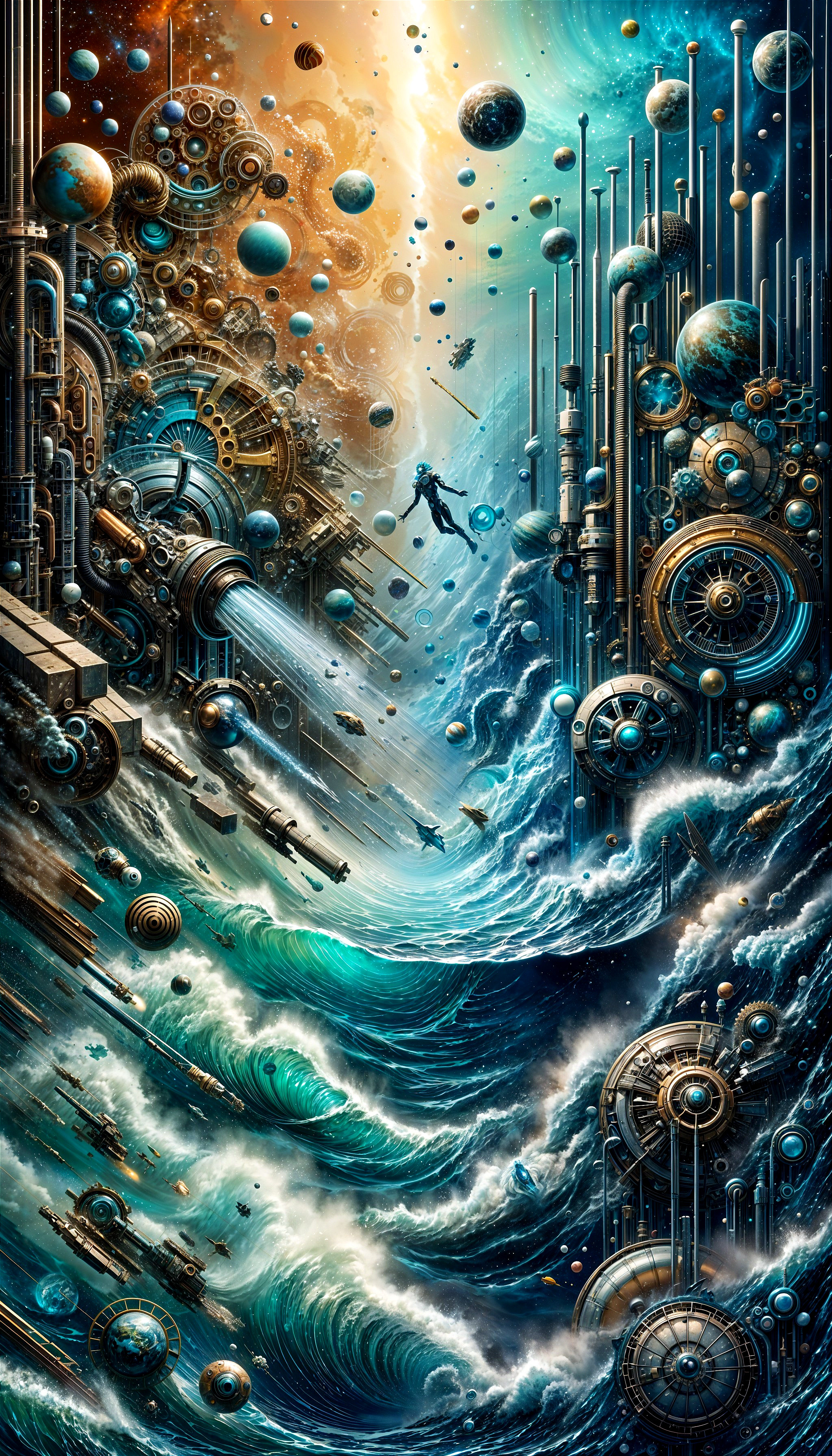 Surreal Ocean Meets Cosmic Elements with Floating Planets