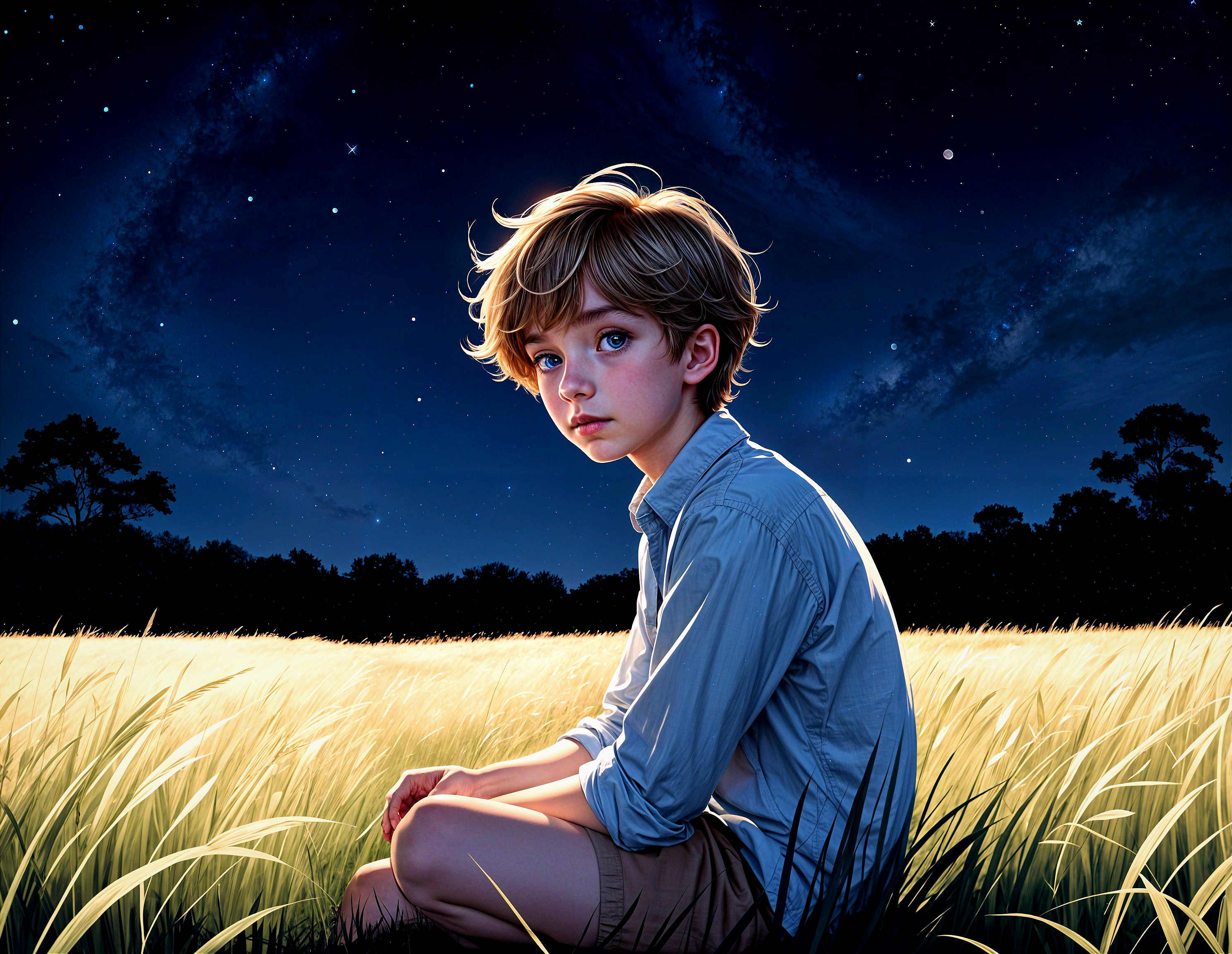 Young boy in golden field under starry night sky