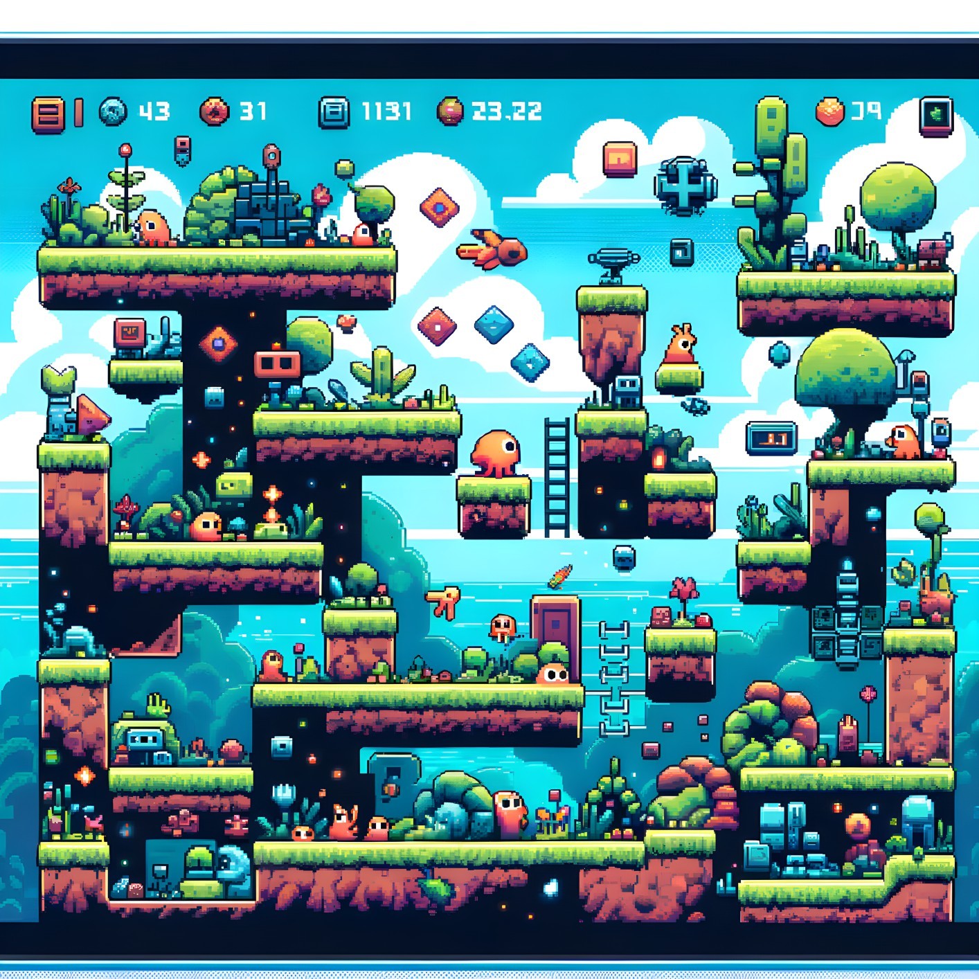 Colorful Pixelated Gaming Landscape with Interactive Elements