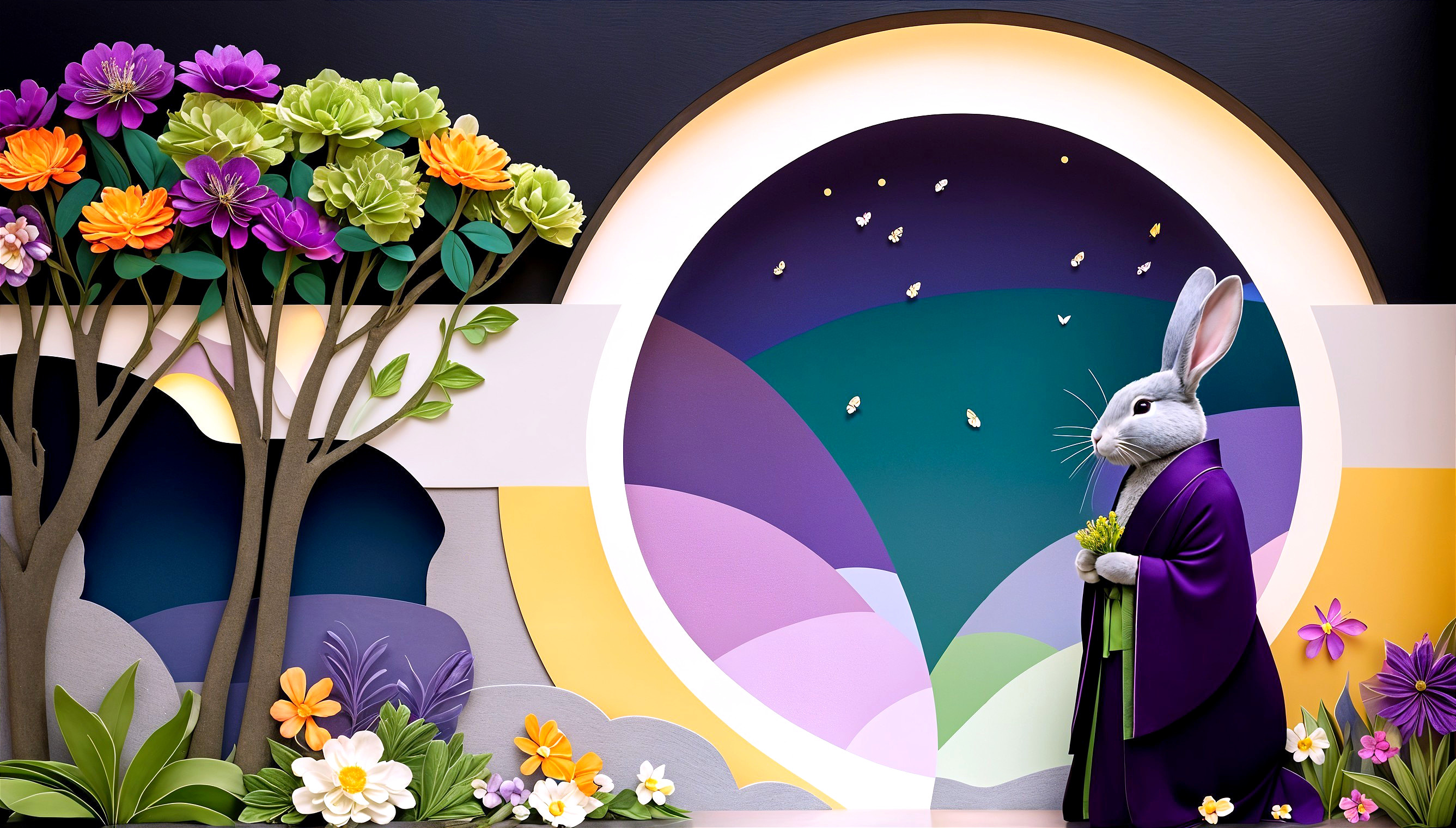 Colorful Paper-Cut Landscape with Rabbit and Moon