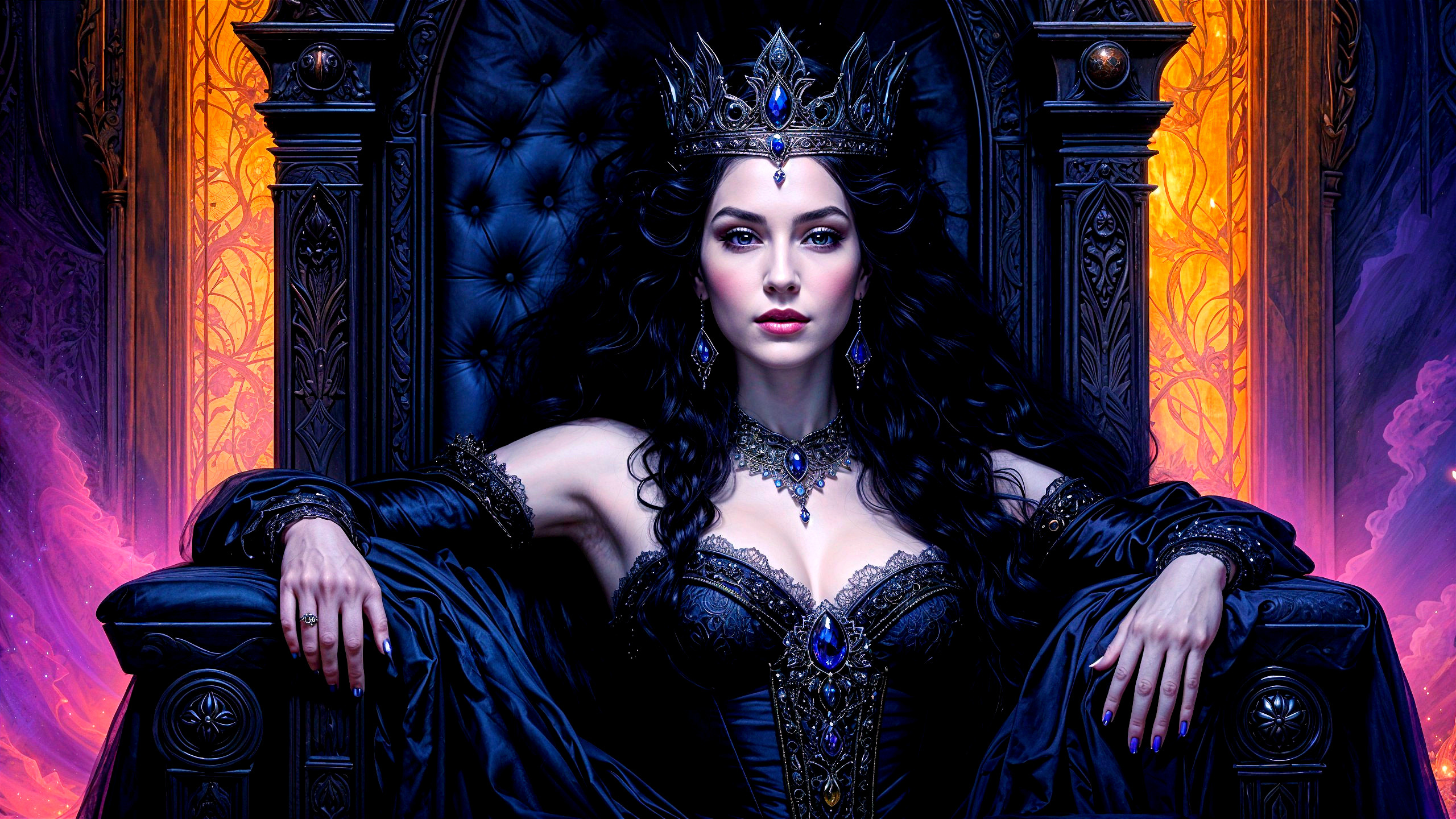 Regal Woman on Ornate Throne in Lavish Gown