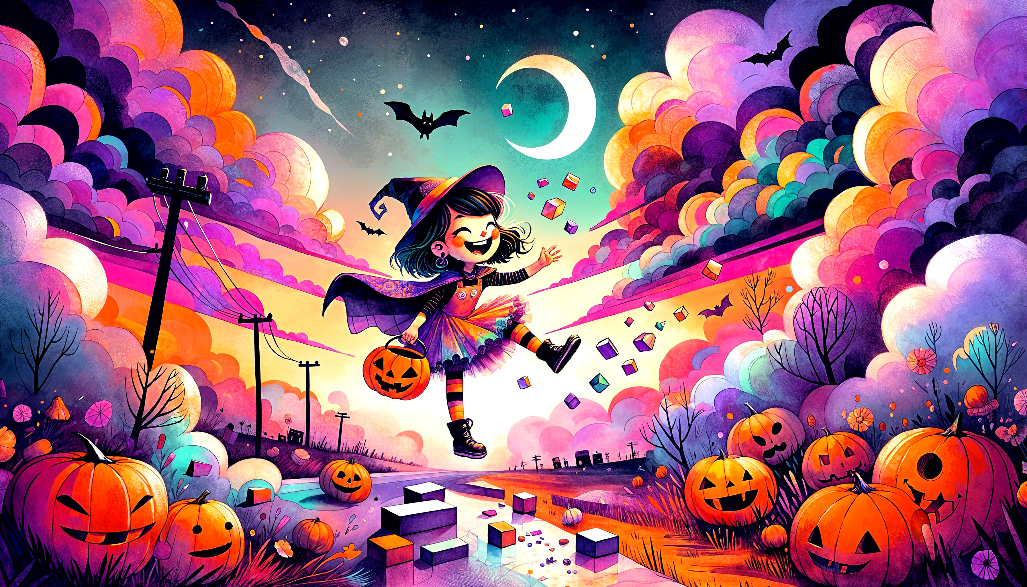 Whimsical Halloween Scene with Dancing Girl and Pumpkins