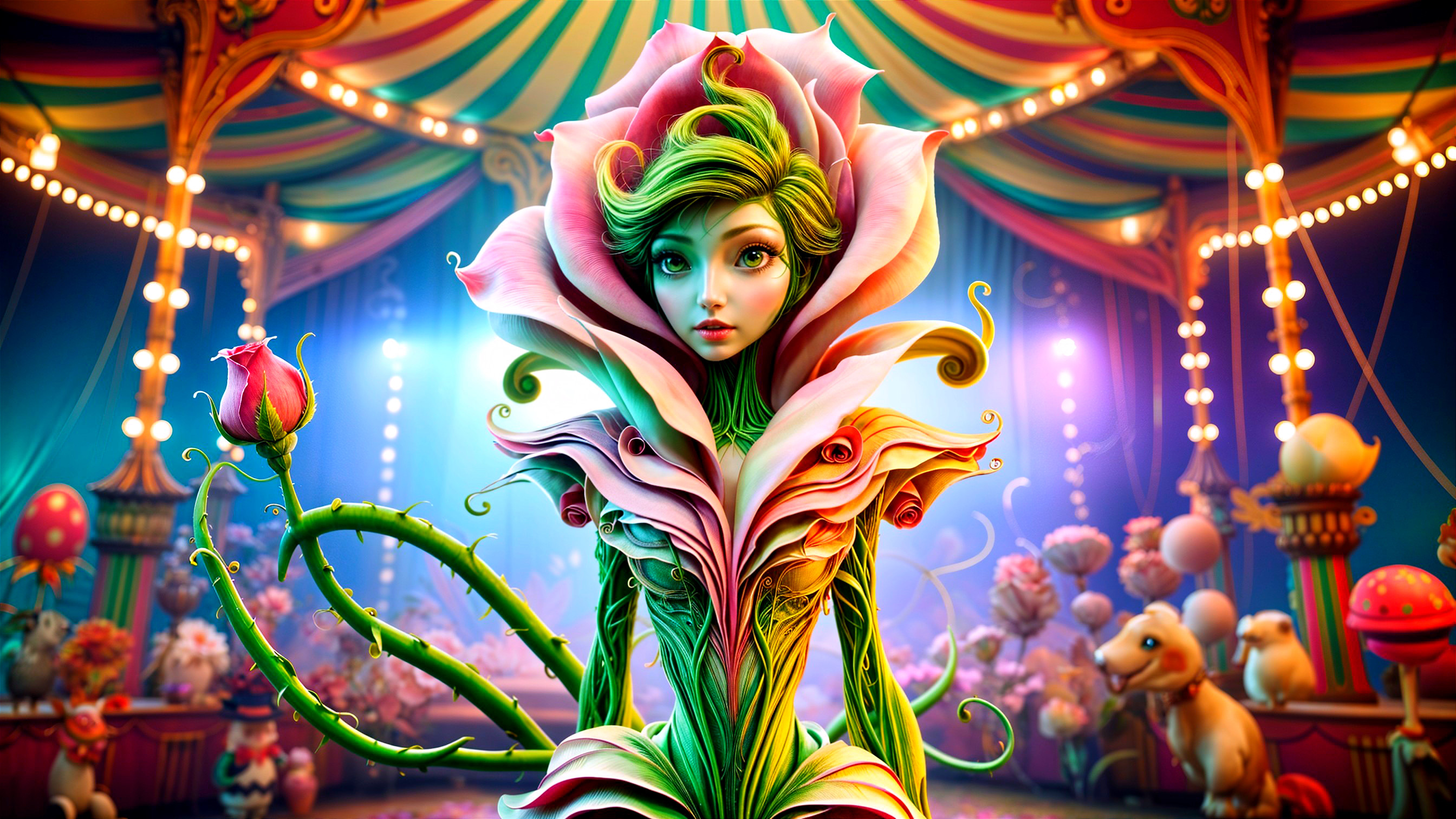 Fantastical Woman Figure in Floral Circus Setting