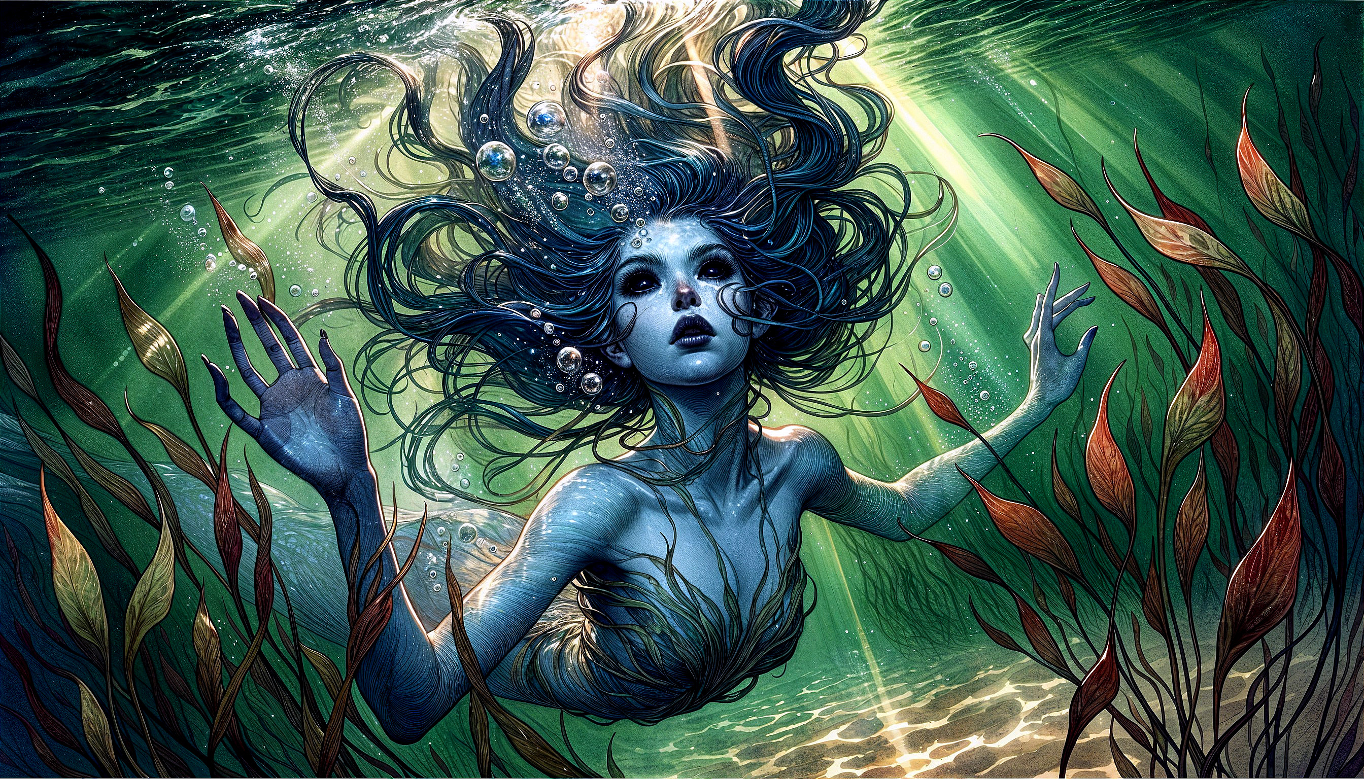 Underwater Scene with Mermaid and Vibrant Marine Life