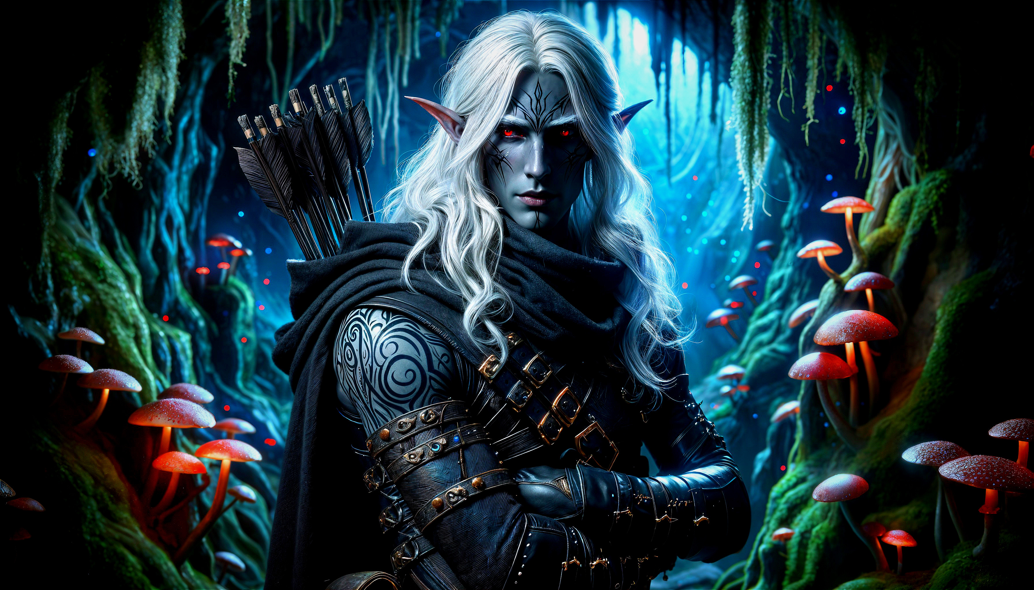 Character in Mystical Forest with Glowing Mushrooms
