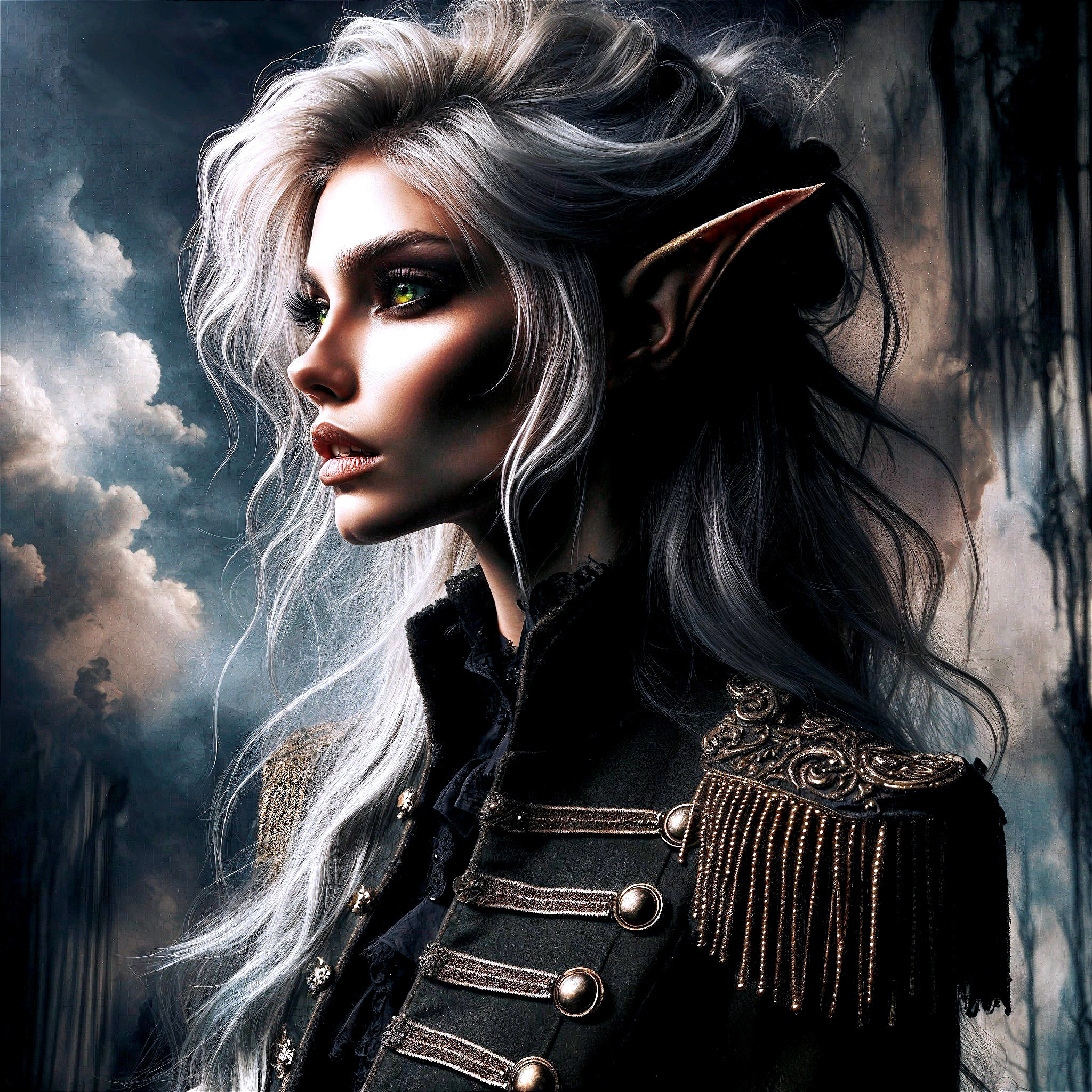 Fantasy Female Figure with Silver Hair and Green Eyes
