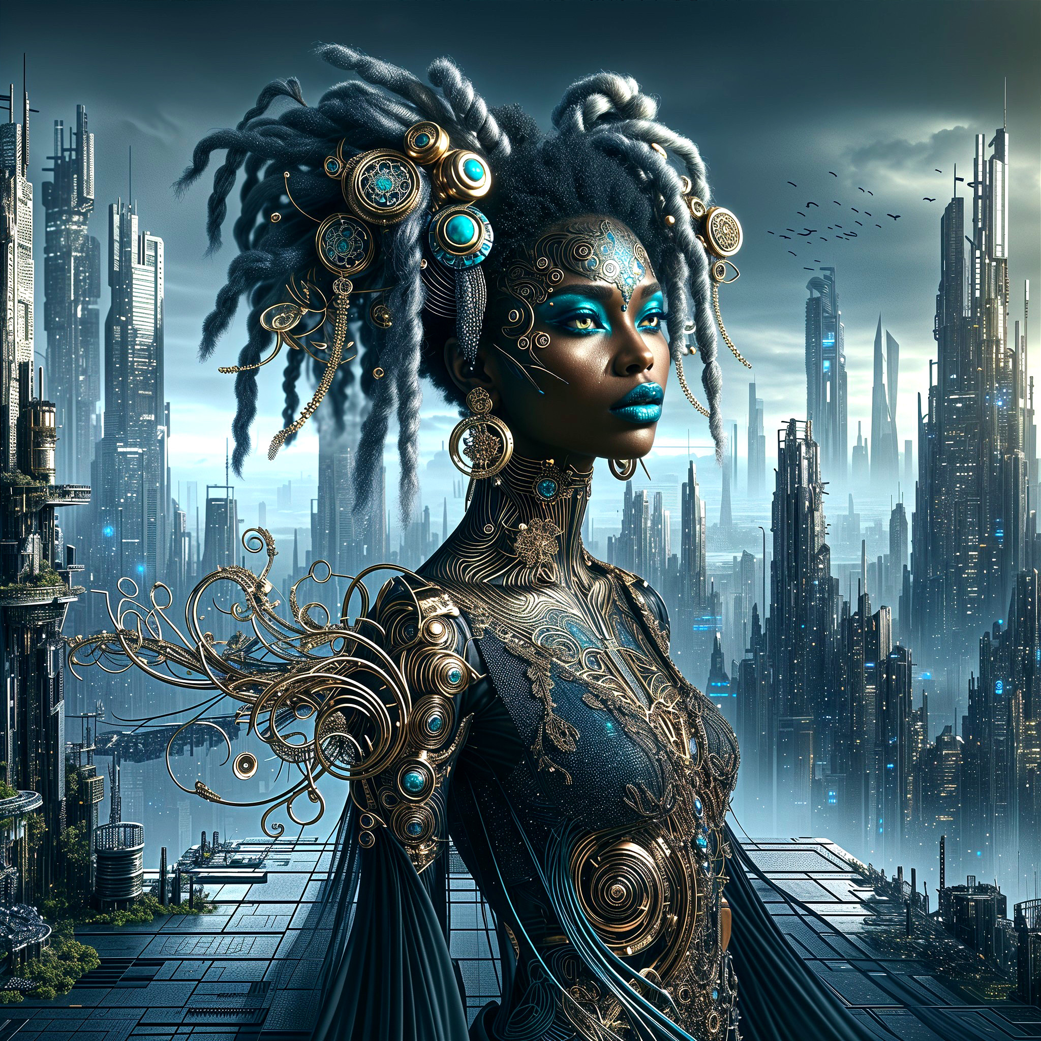 Futuristic Figure in Metallic Patterns Against Cityscape