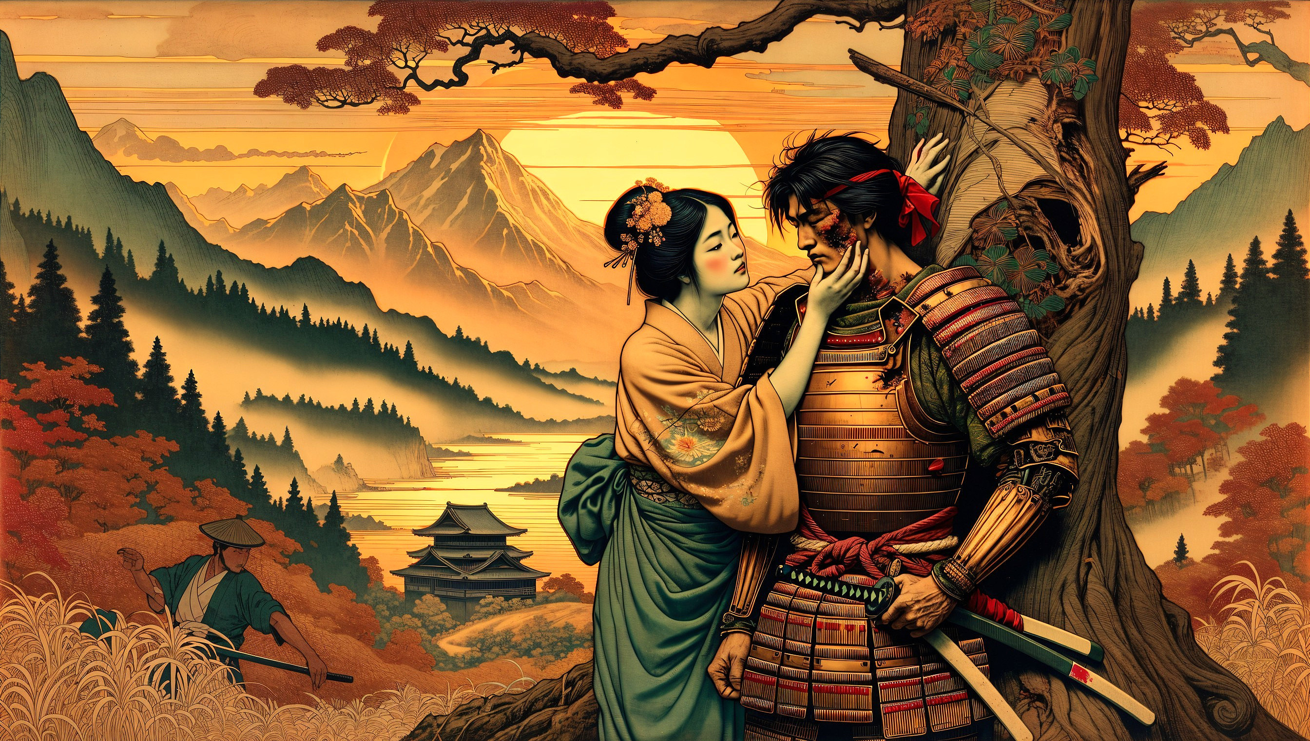 Autumn Landscape with Woman and Samurai in Armor