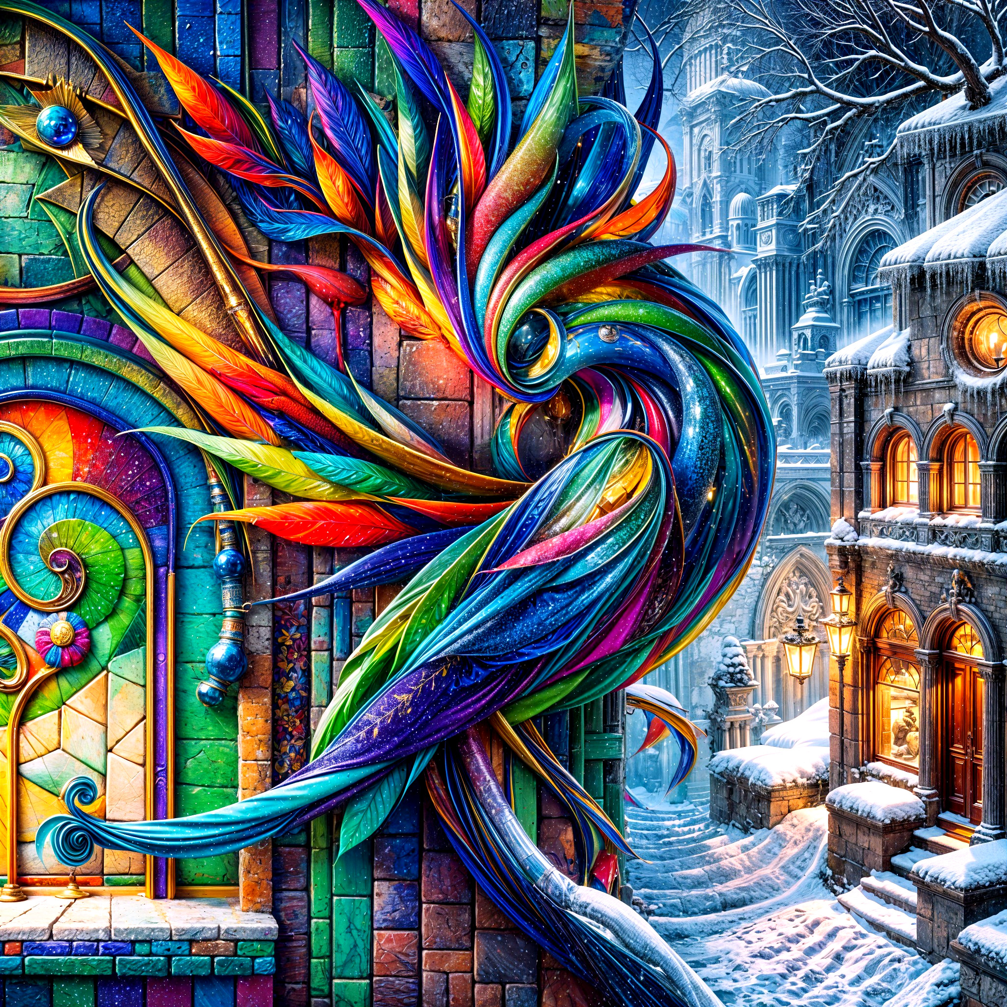 Colorful Phoenix Against Wintery Stone Wall Scene
