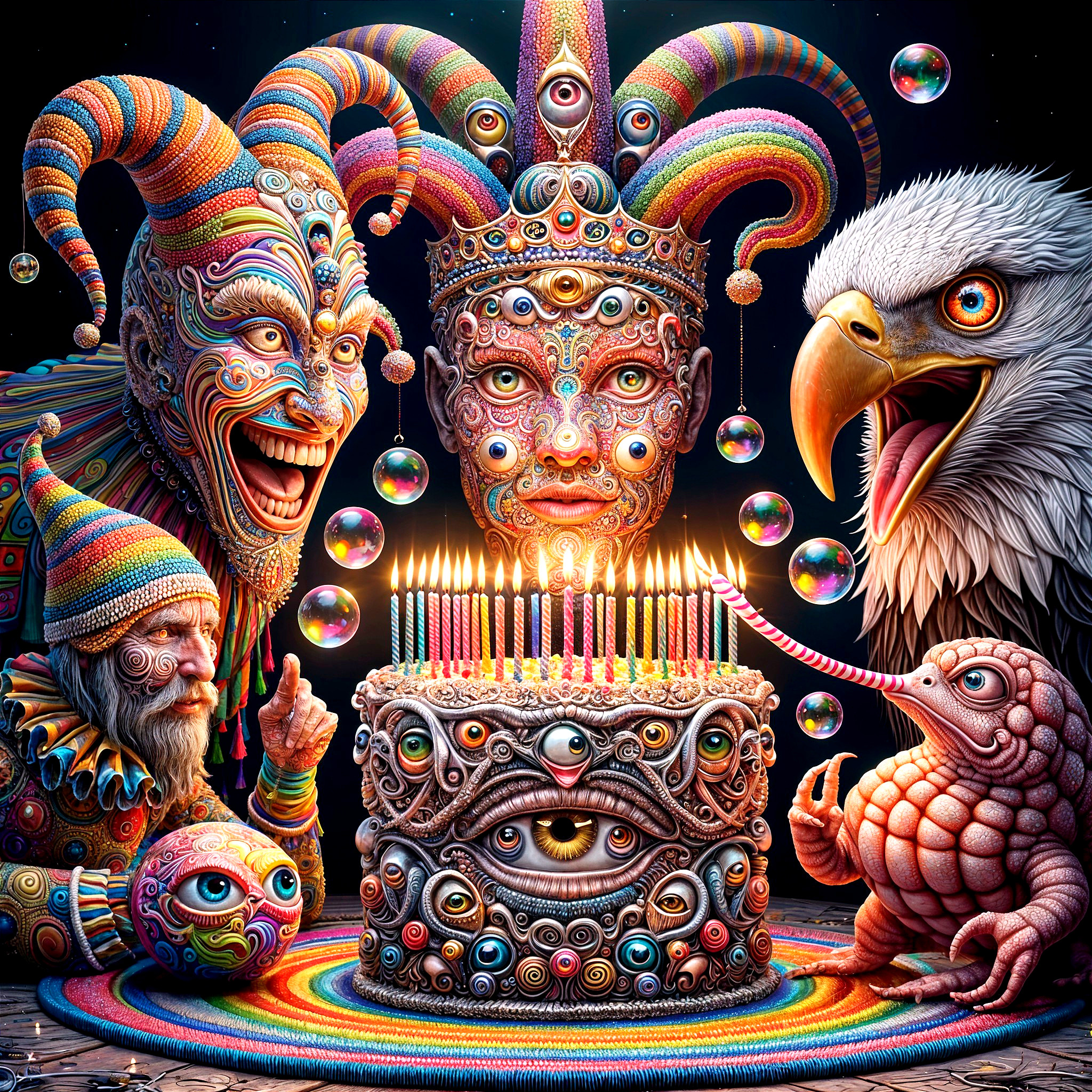 Surreal Birthday Celebration with Whimsical Characters