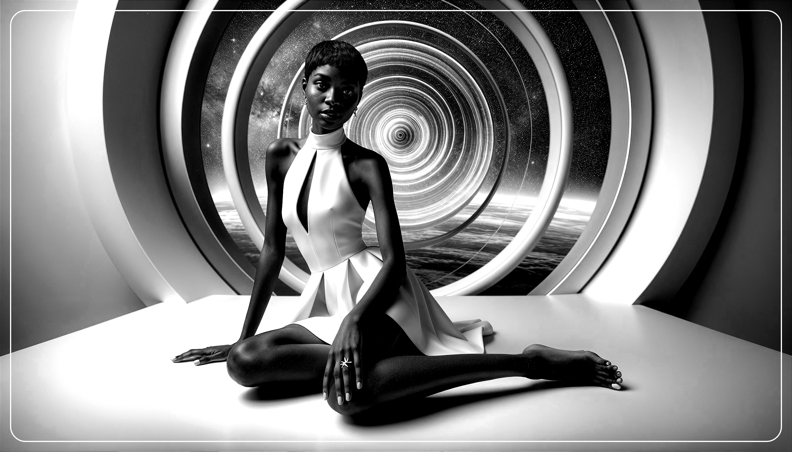 Elegant Seated Figure Against Cosmic Spiral Backdrop