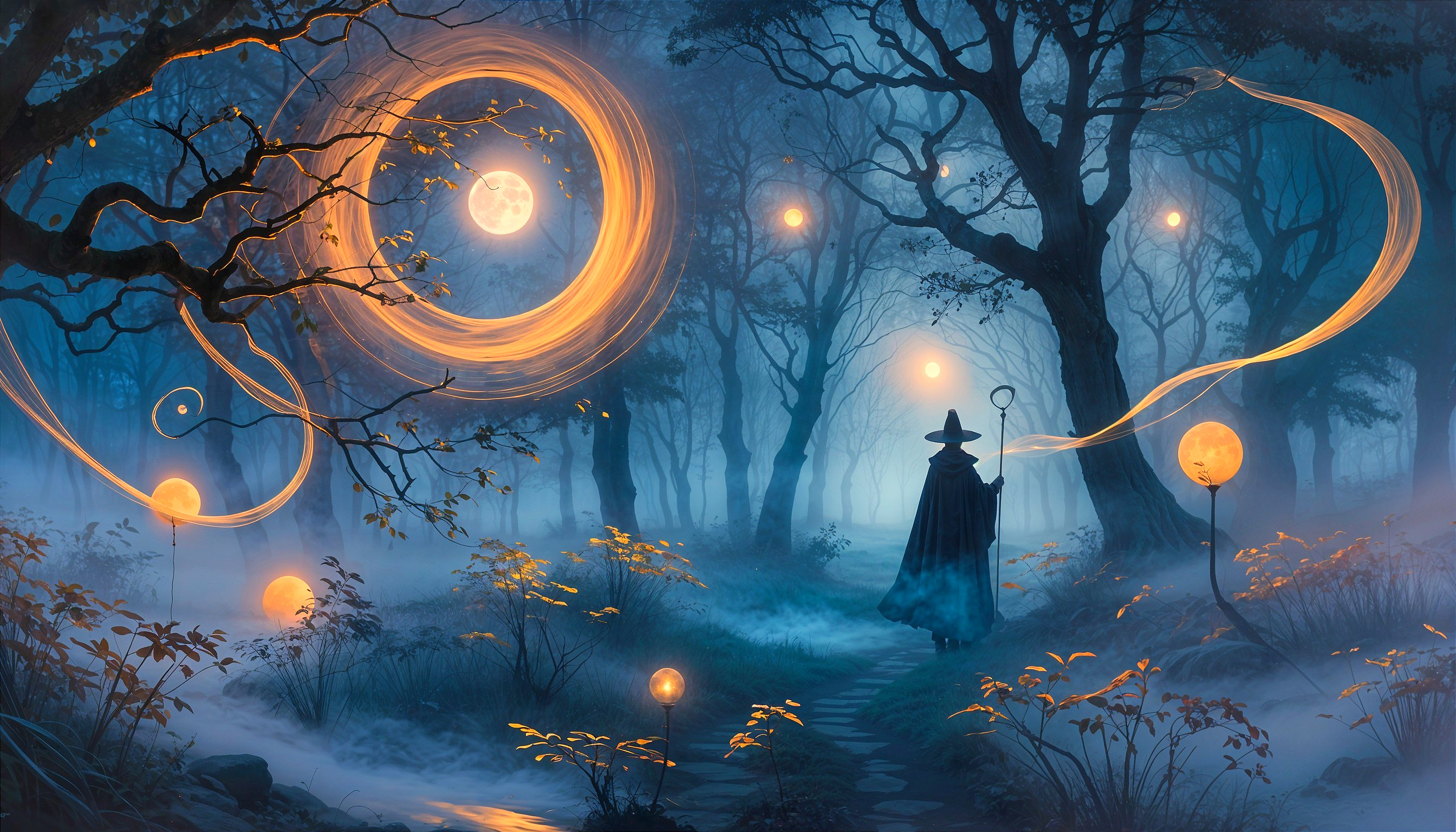 Cloaked Figure in a Mystical Foggy Forest Scene