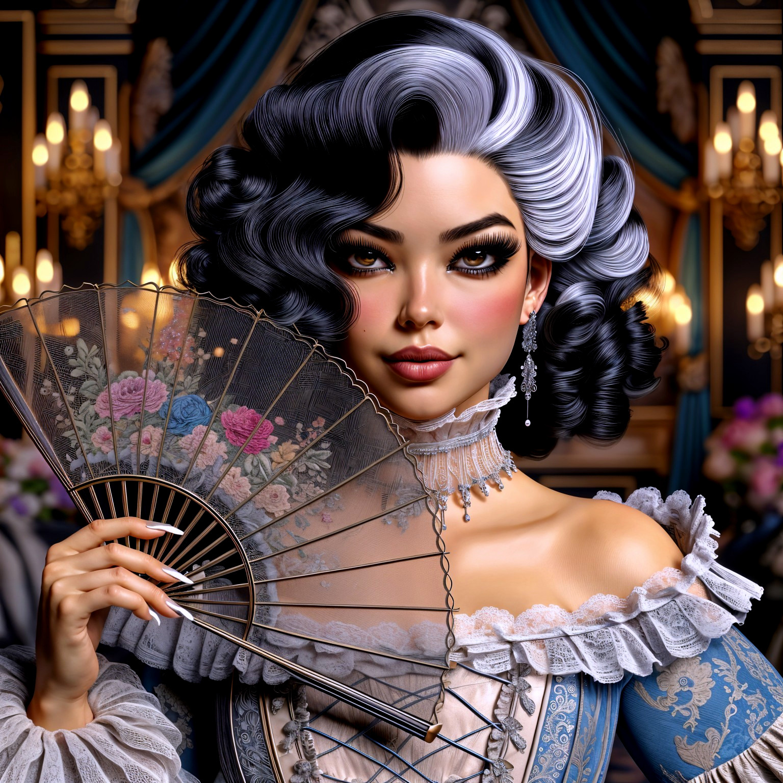 Glamorous Woman in Vintage Gown with Floral Fan