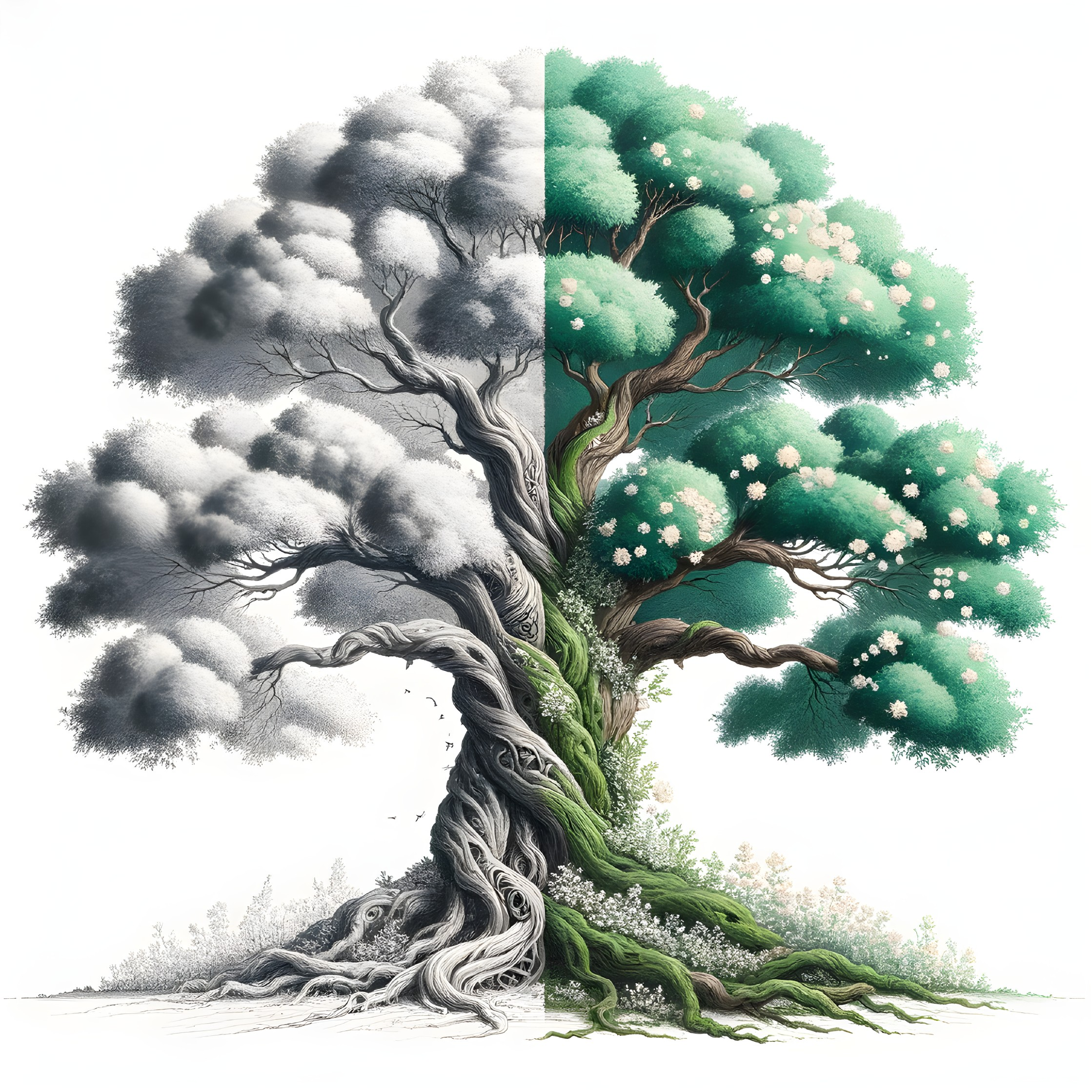 Contrasting Tree Symbolizing Life and Desolation