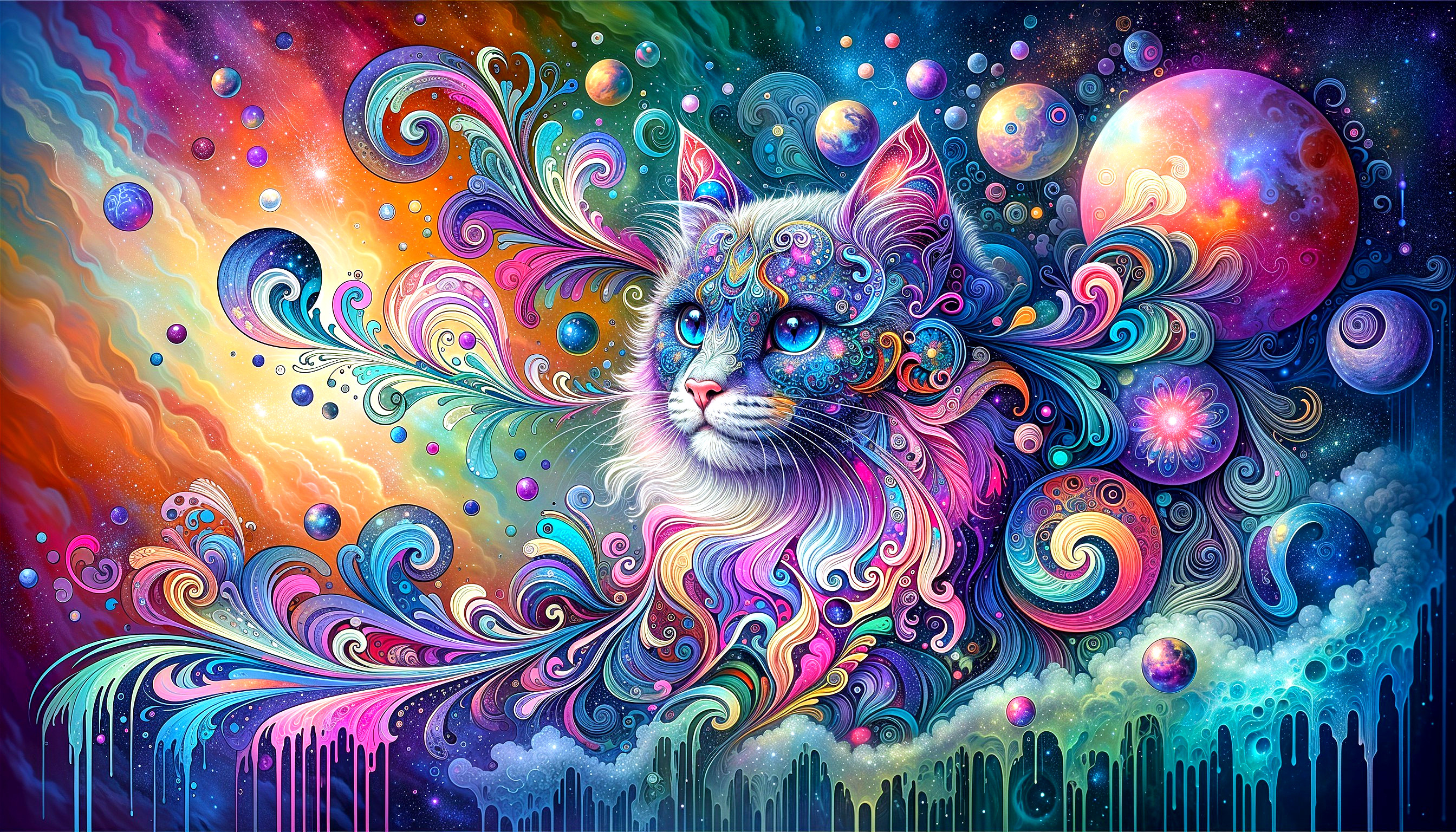 Cosmic Cat Illustration with Colorful Patterns and Shapes