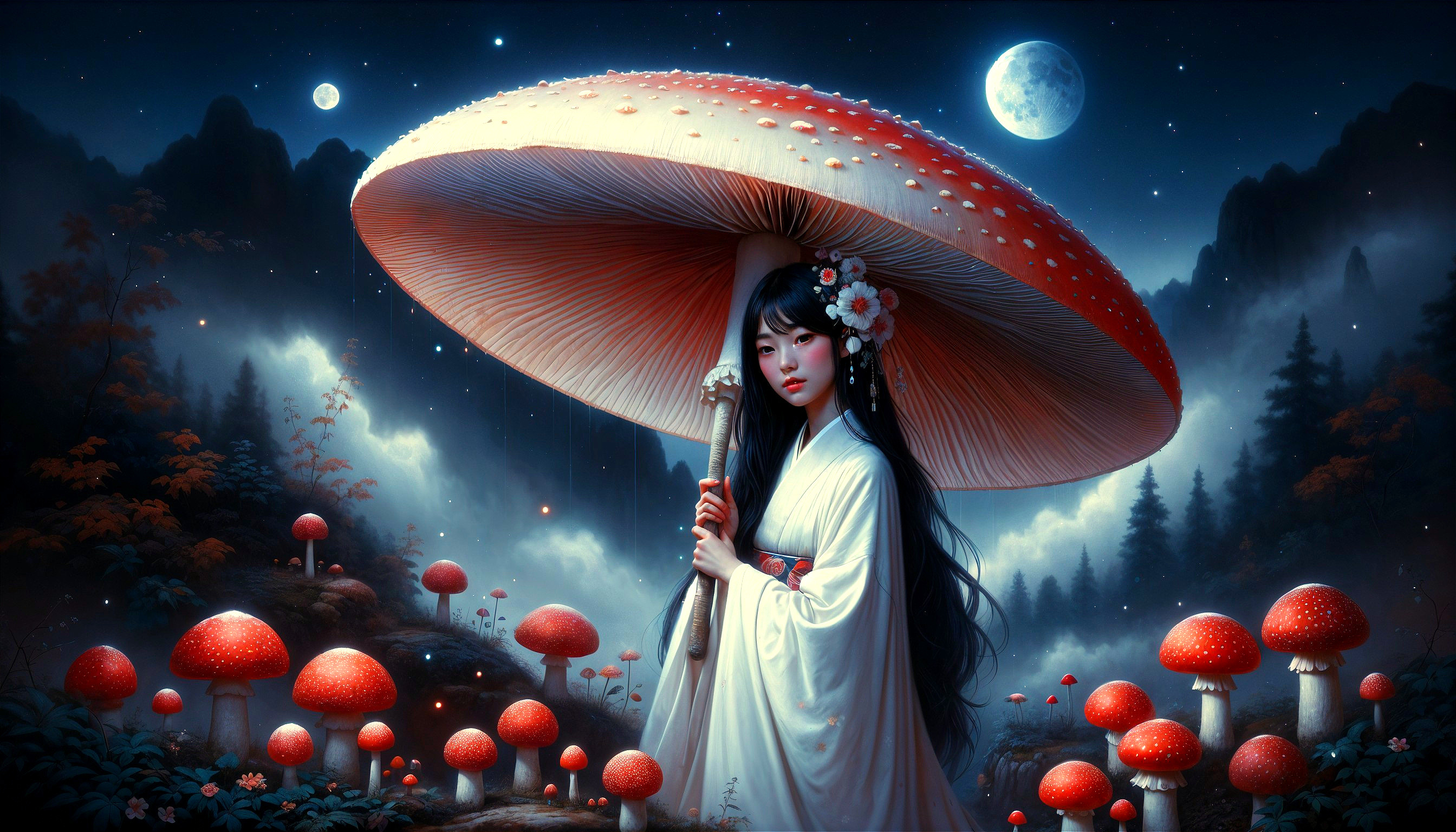 Serene Night Scene with Woman and Mushroom Umbrella