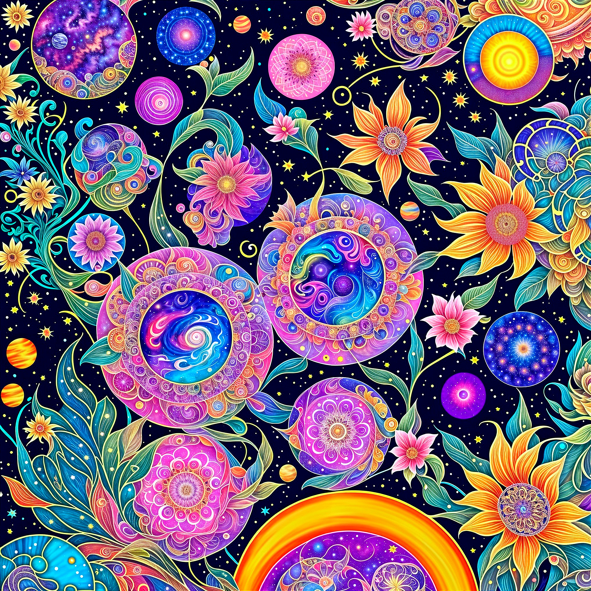 Vibrant Cosmic Tapestry with Floral and Celestial Elements