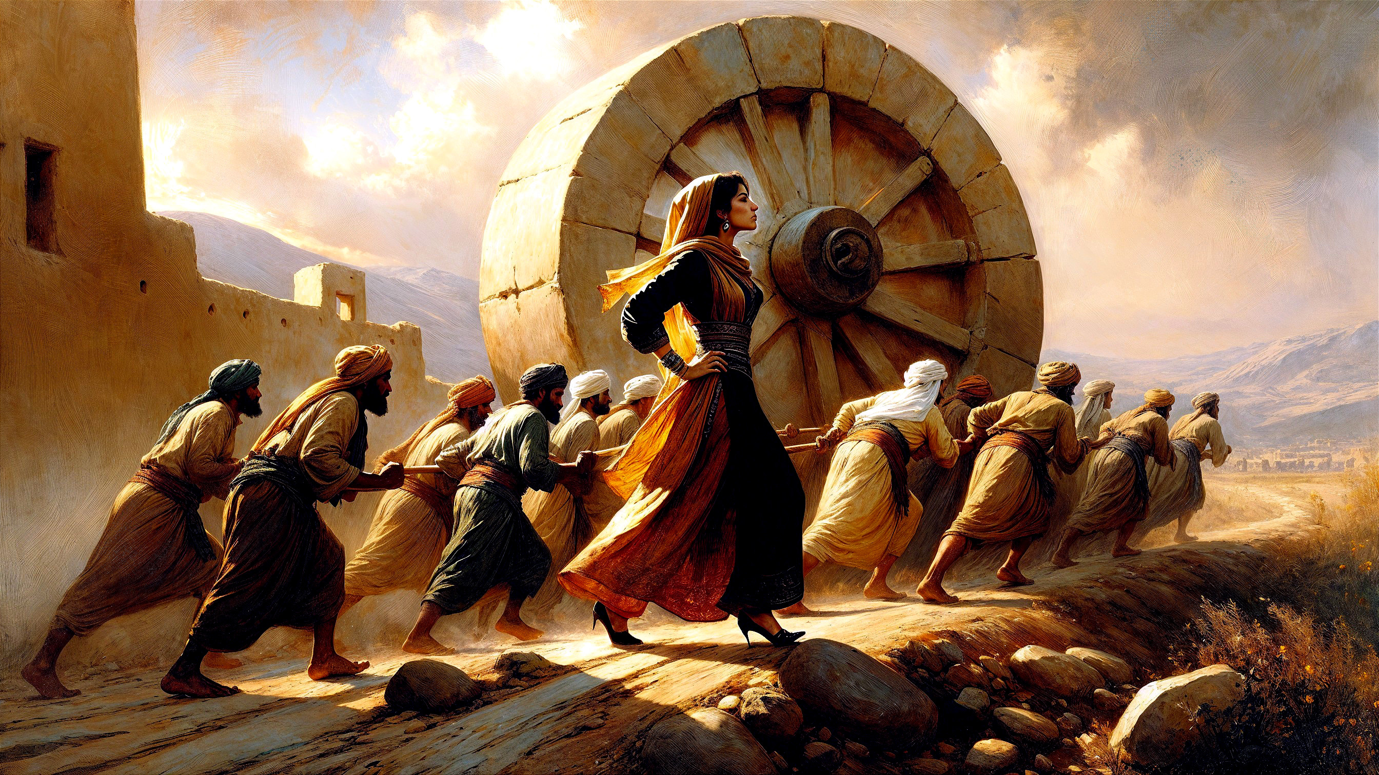 Determined Woman Leads Men Pushing Wooden Wheel