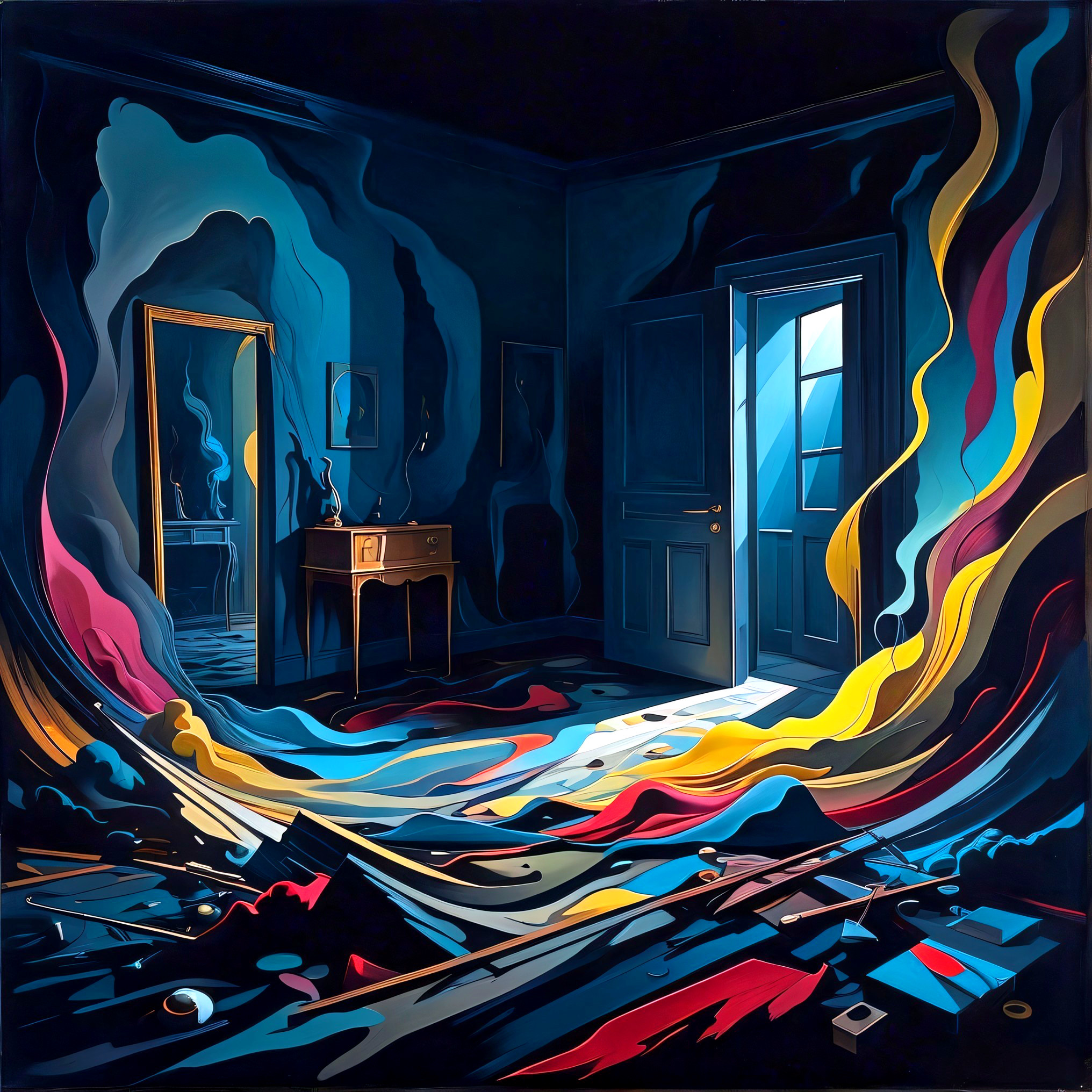 Surreal Room with Vibrant Colors and Distorted Mirror