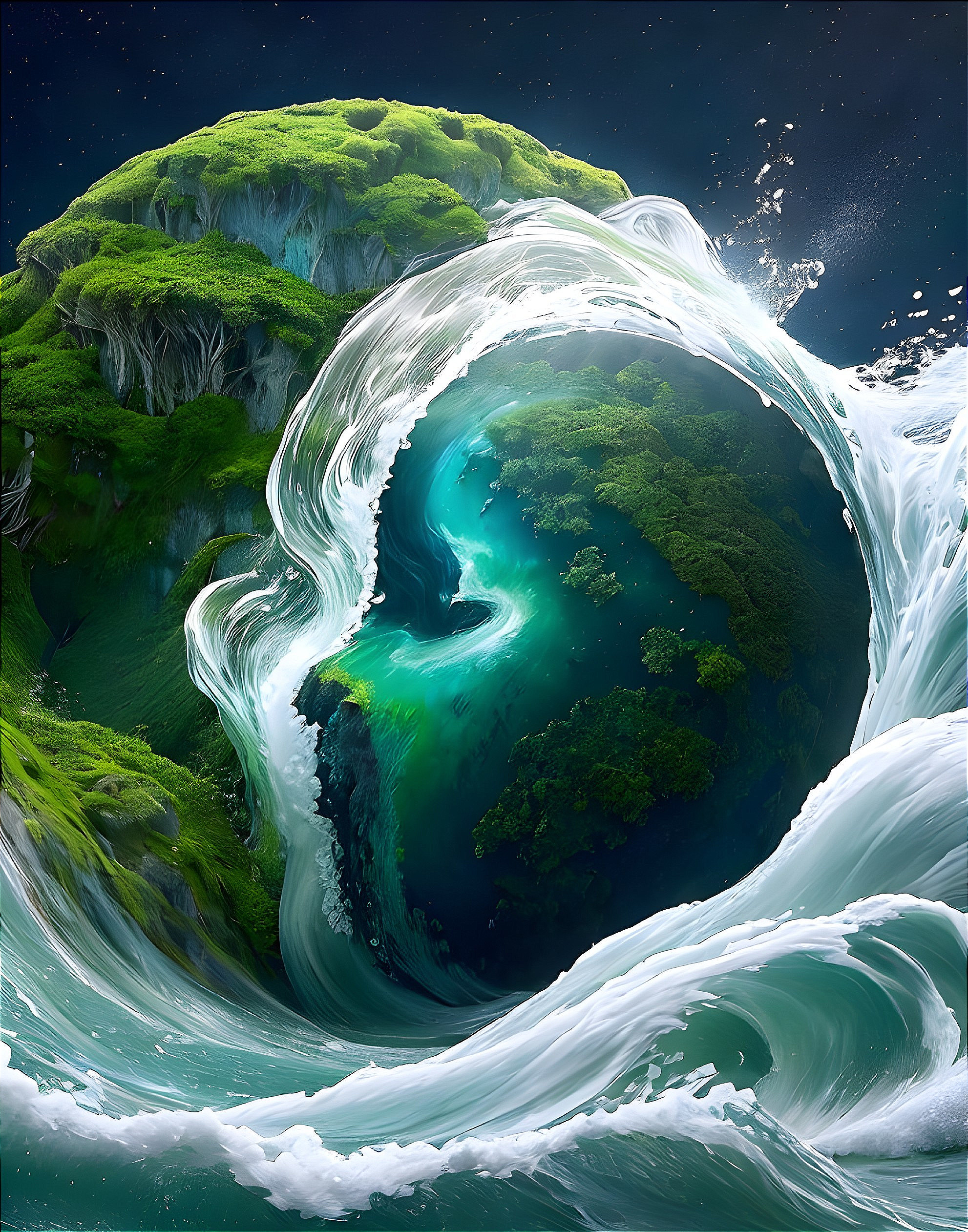 Surreal Landscape with Vibrant Wave and Green Globe