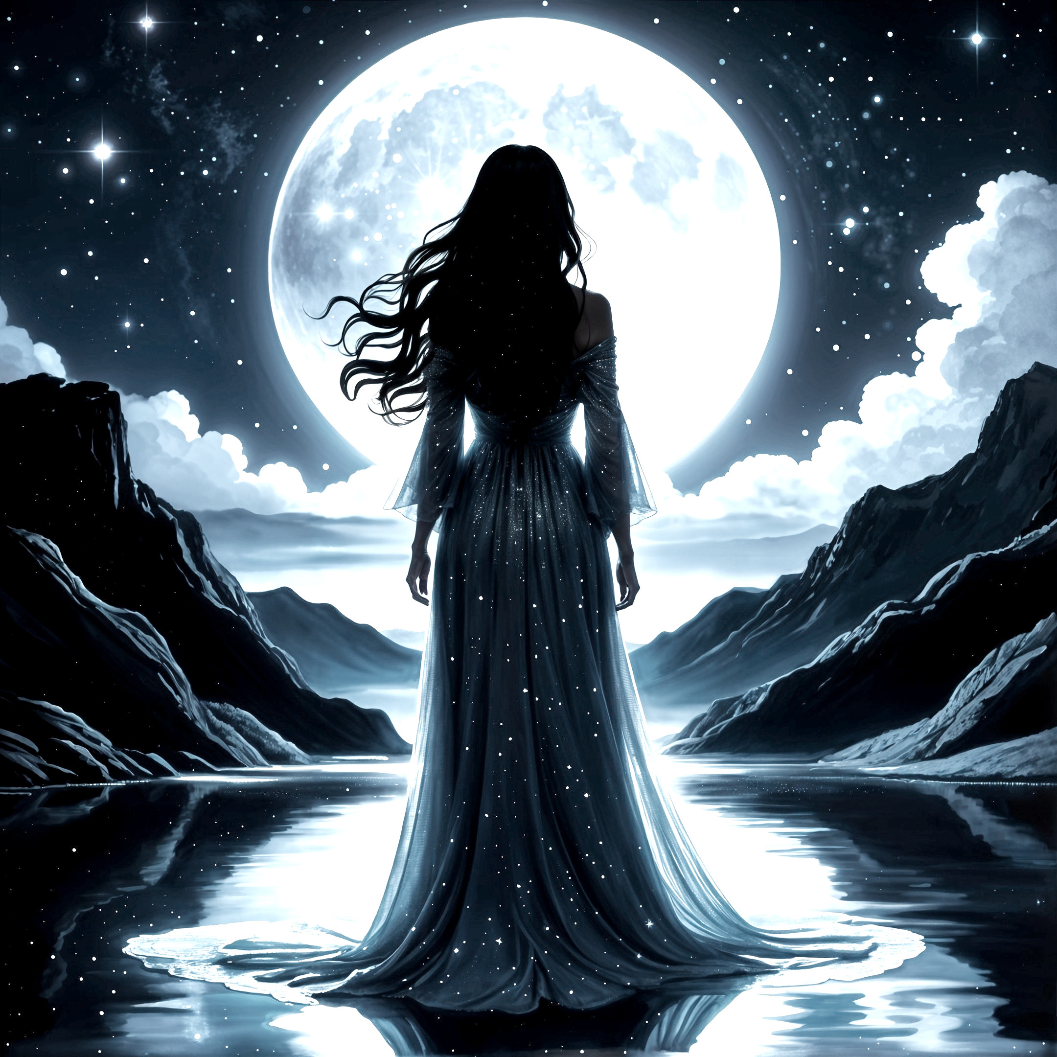 Silhouetted Figure by Serene Lake Under Full Moon