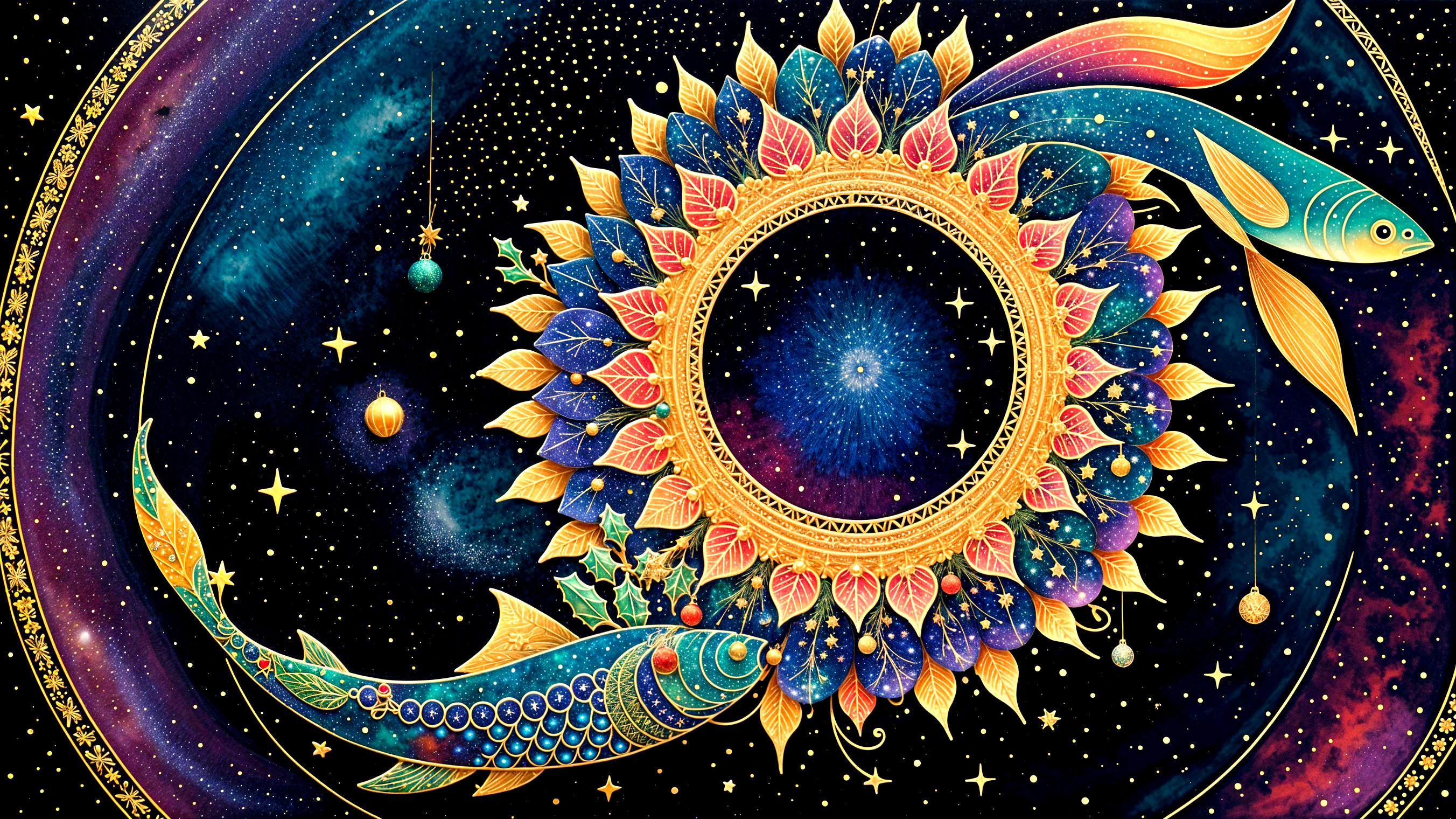 Vibrant Cosmic Scene with Decorative Motif and Fish