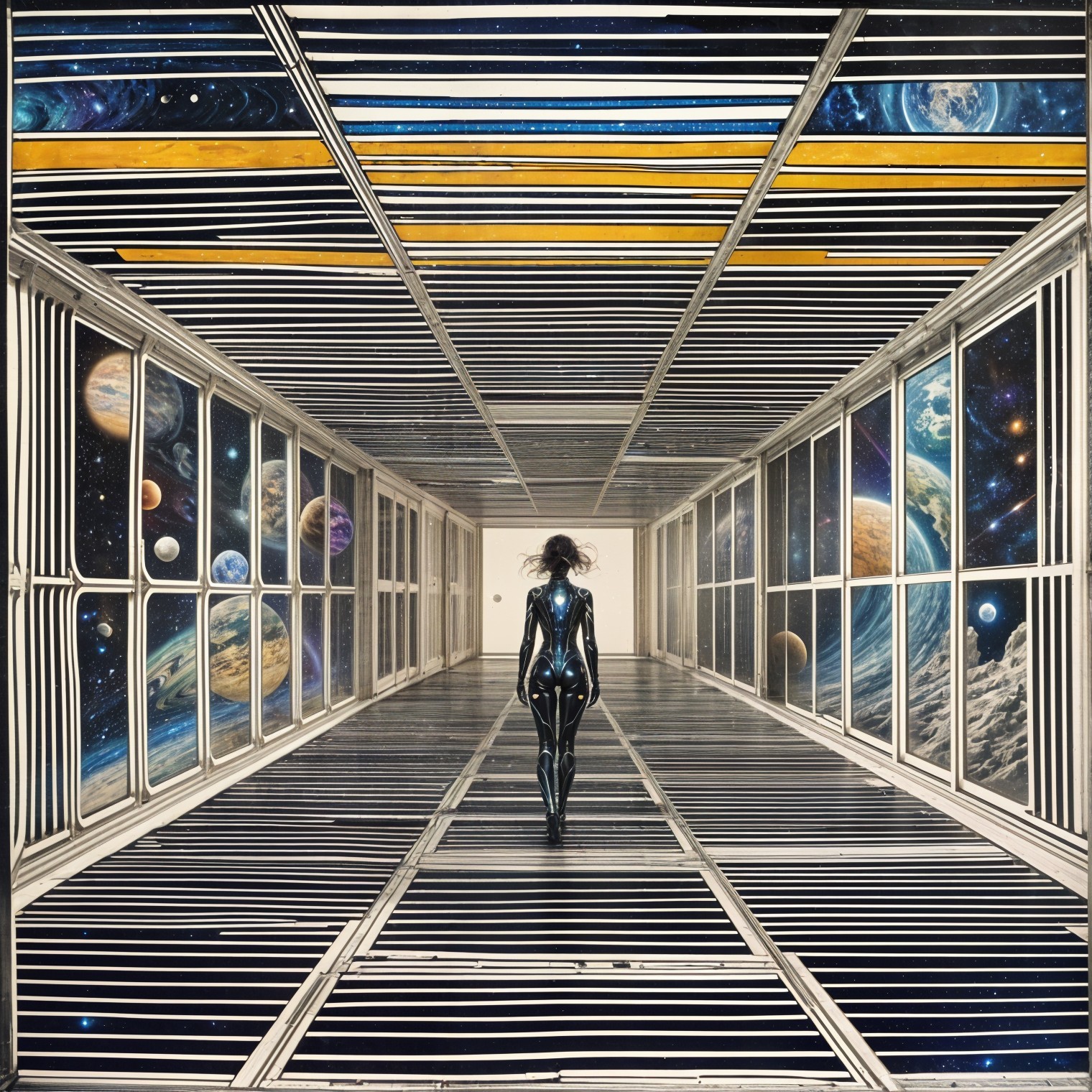 Futuristic Corridor with Cosmic Imagery and Geometric Lines