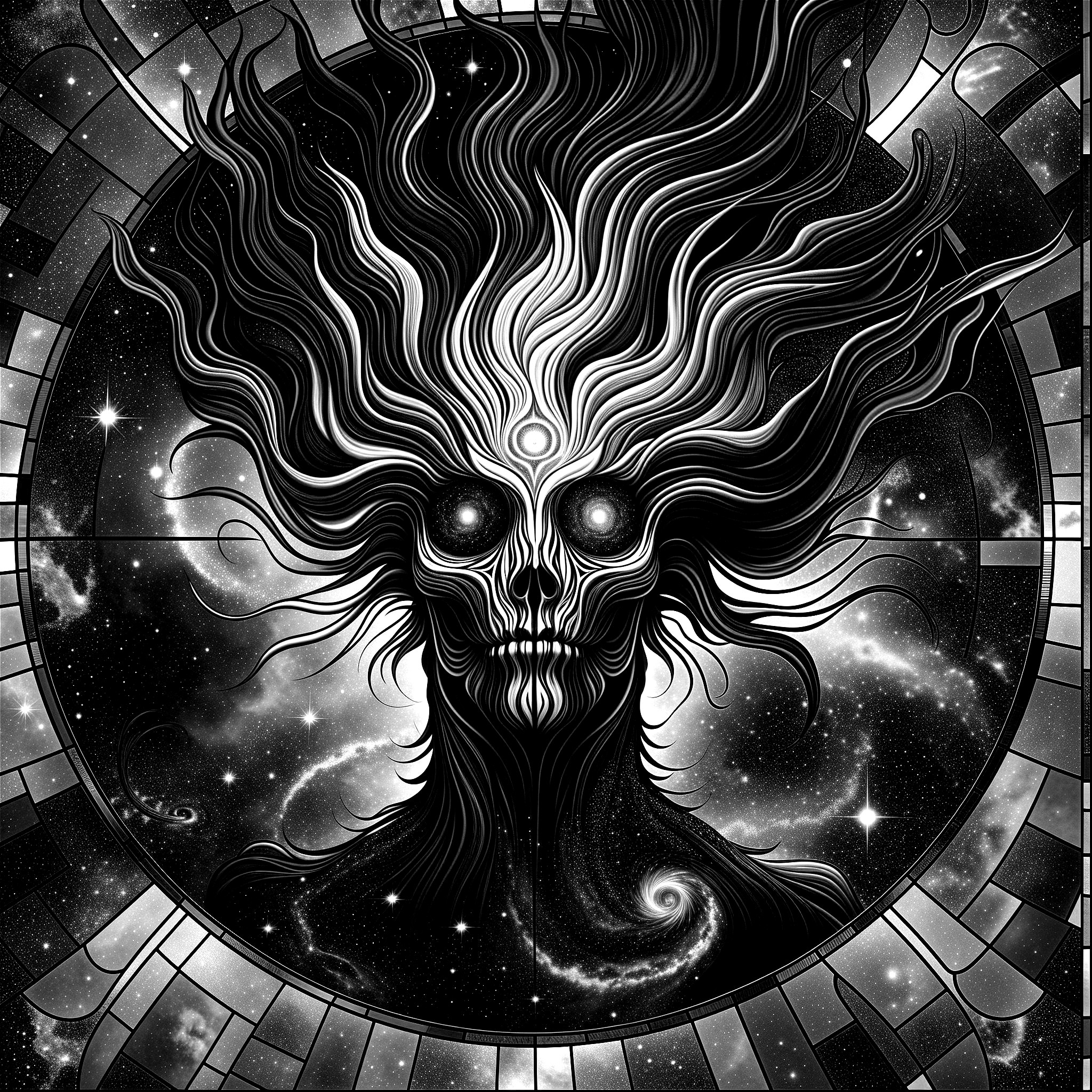 Black-and-White Surreal Illustration of Cosmic Figure