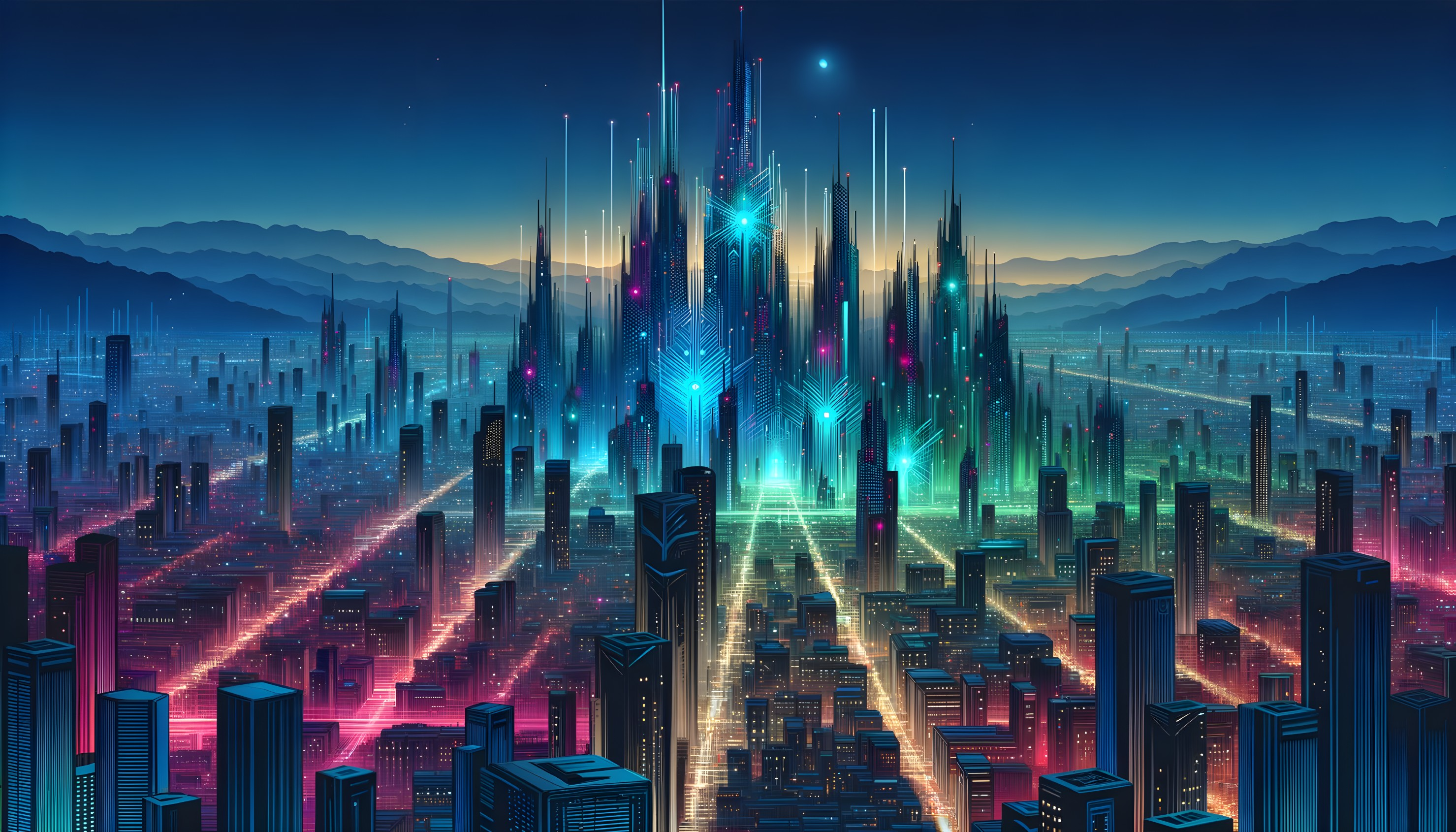 Futuristic cityscape with neon lights and skyscrapers