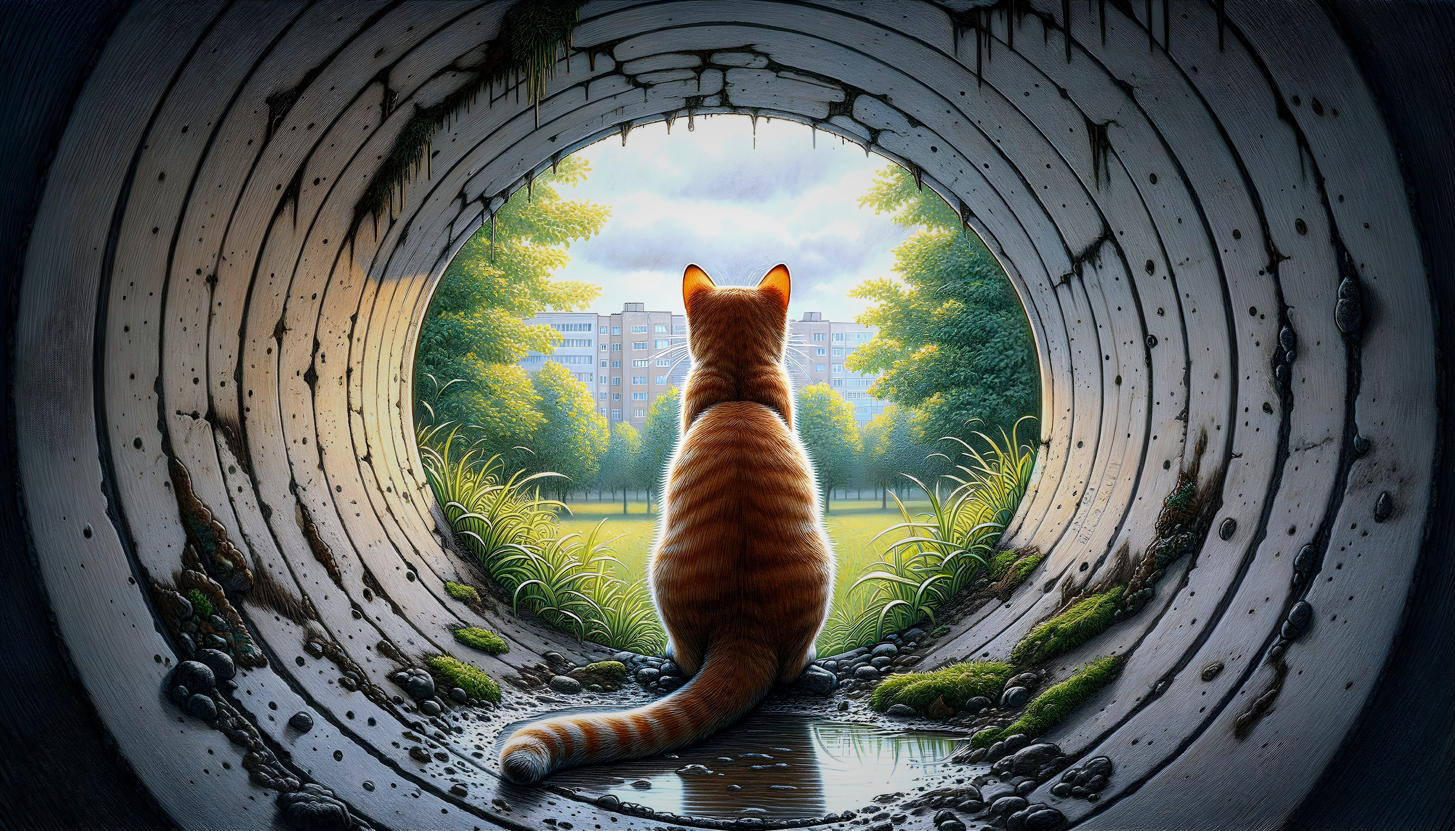 Striped Orange Cat Observing Grassy Field Through Pipe