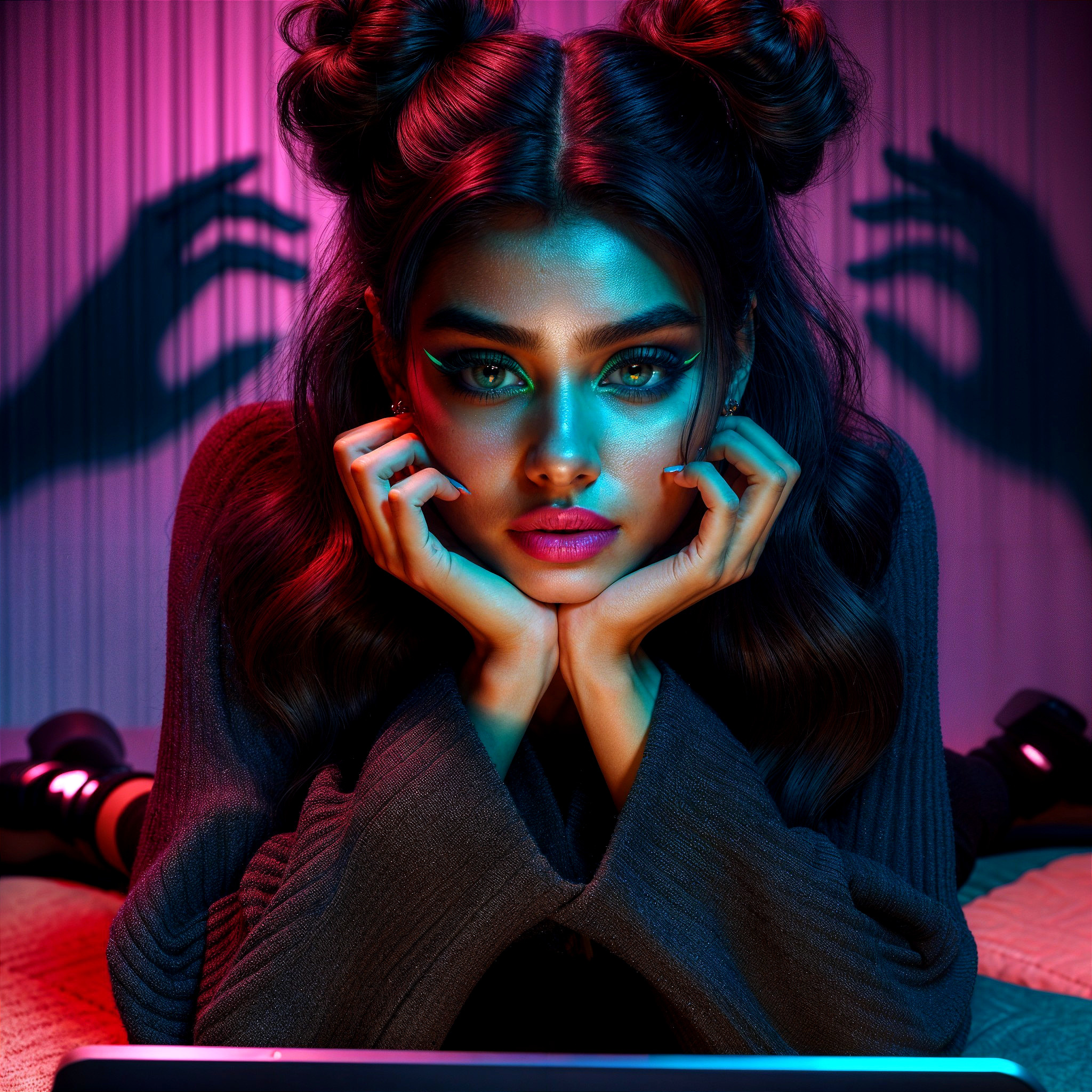 Young woman lounging on bed with colorful lighting