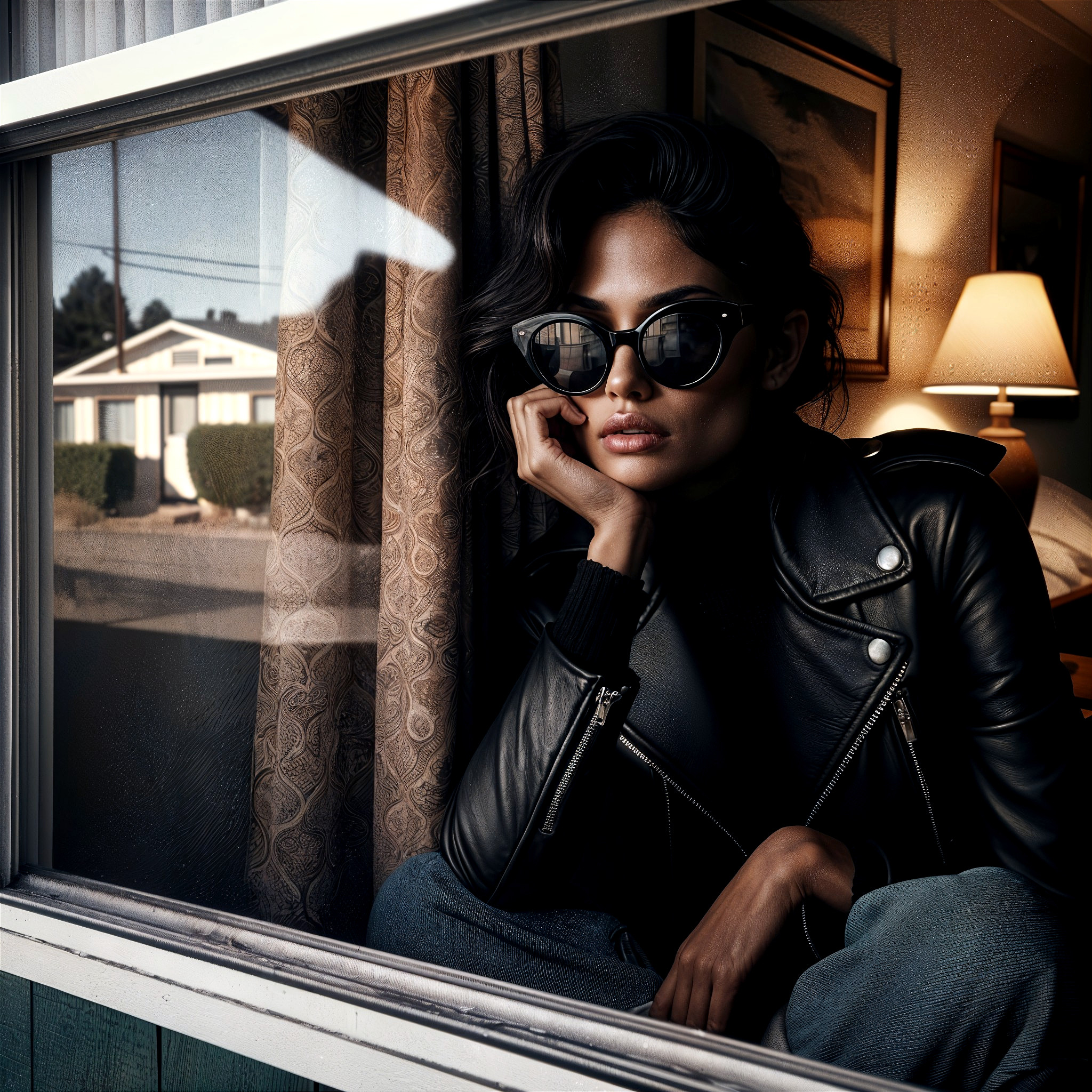 Young Woman in Cat-Eye Sunglasses by a Window