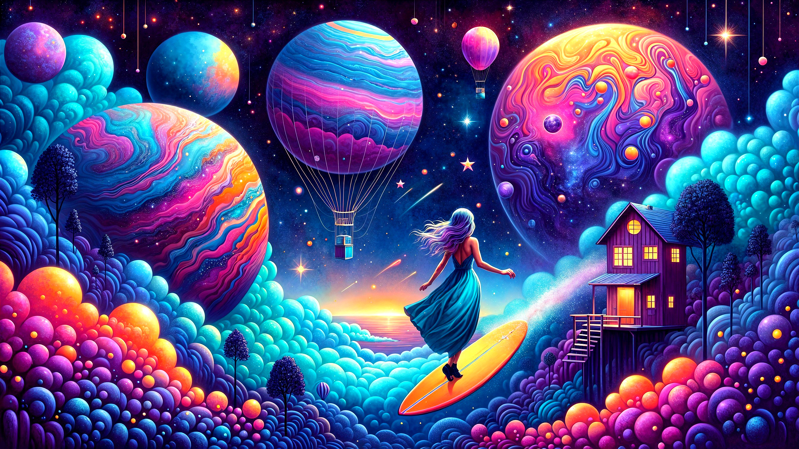 Cosmic Scene with Figure on Surfboard Above Clouds