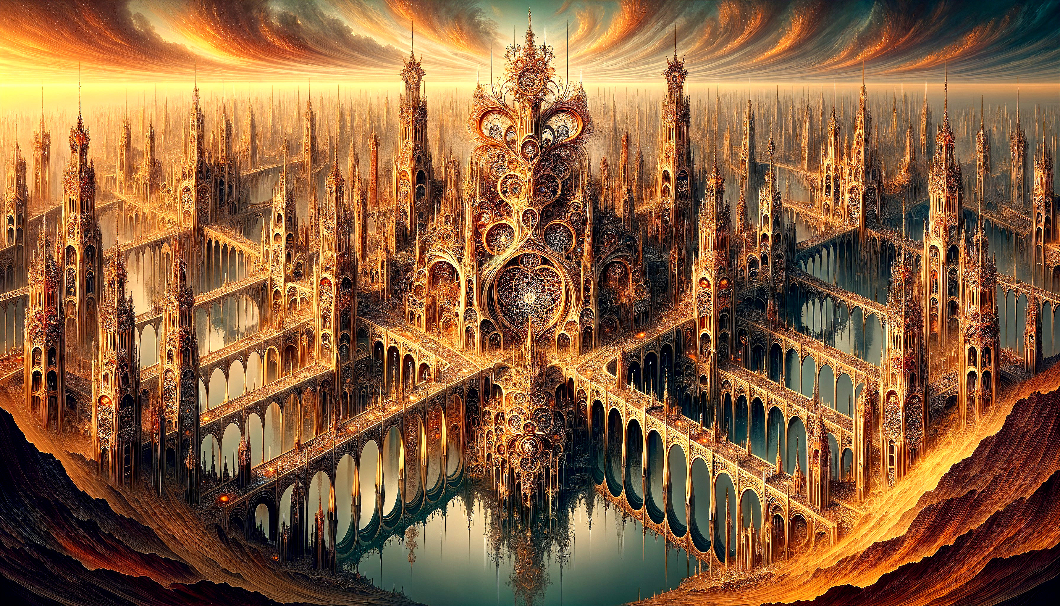 Surreal Cityscape with Golden Hues and Dramatic Skies