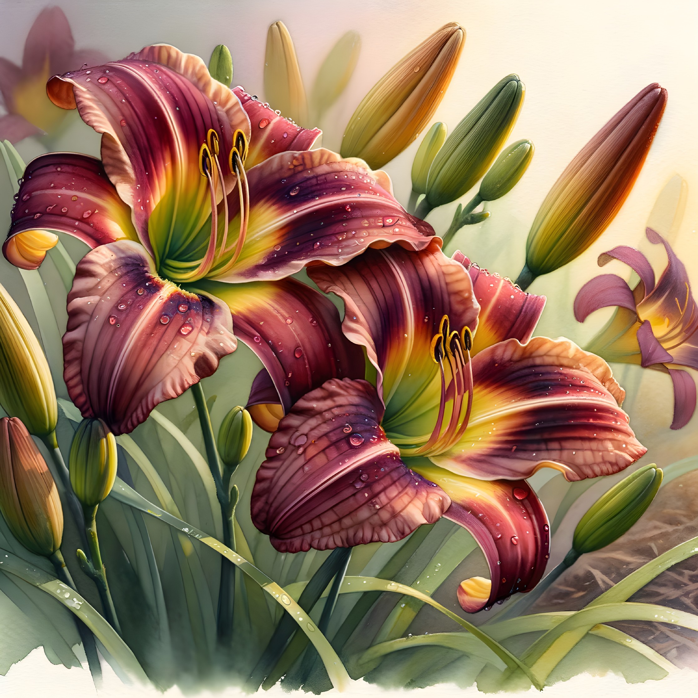 Vibrant Flowers with Water Droplets in Garden Setting