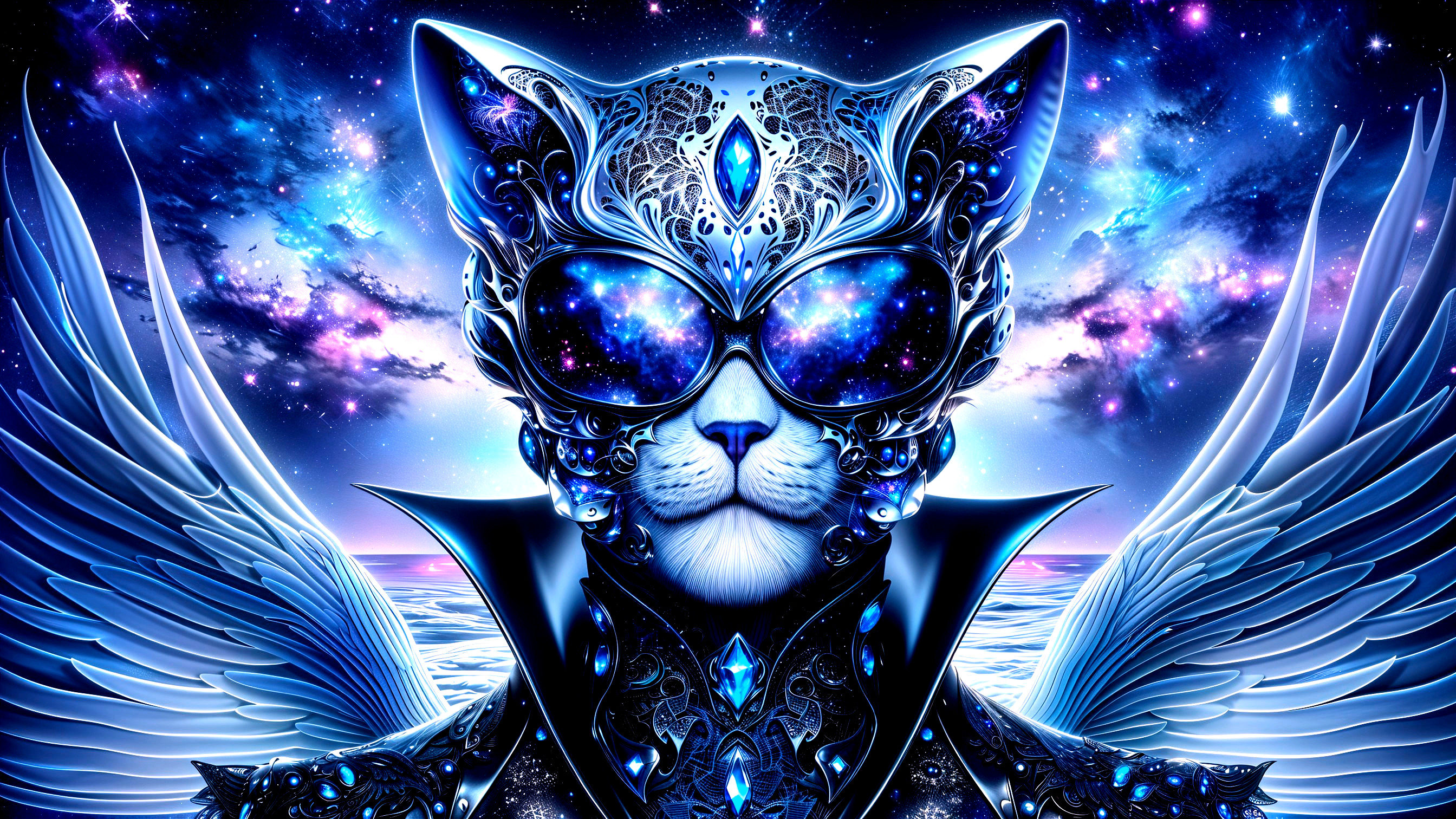Majestic Cat with Cosmic Eyes and Feathered Wings