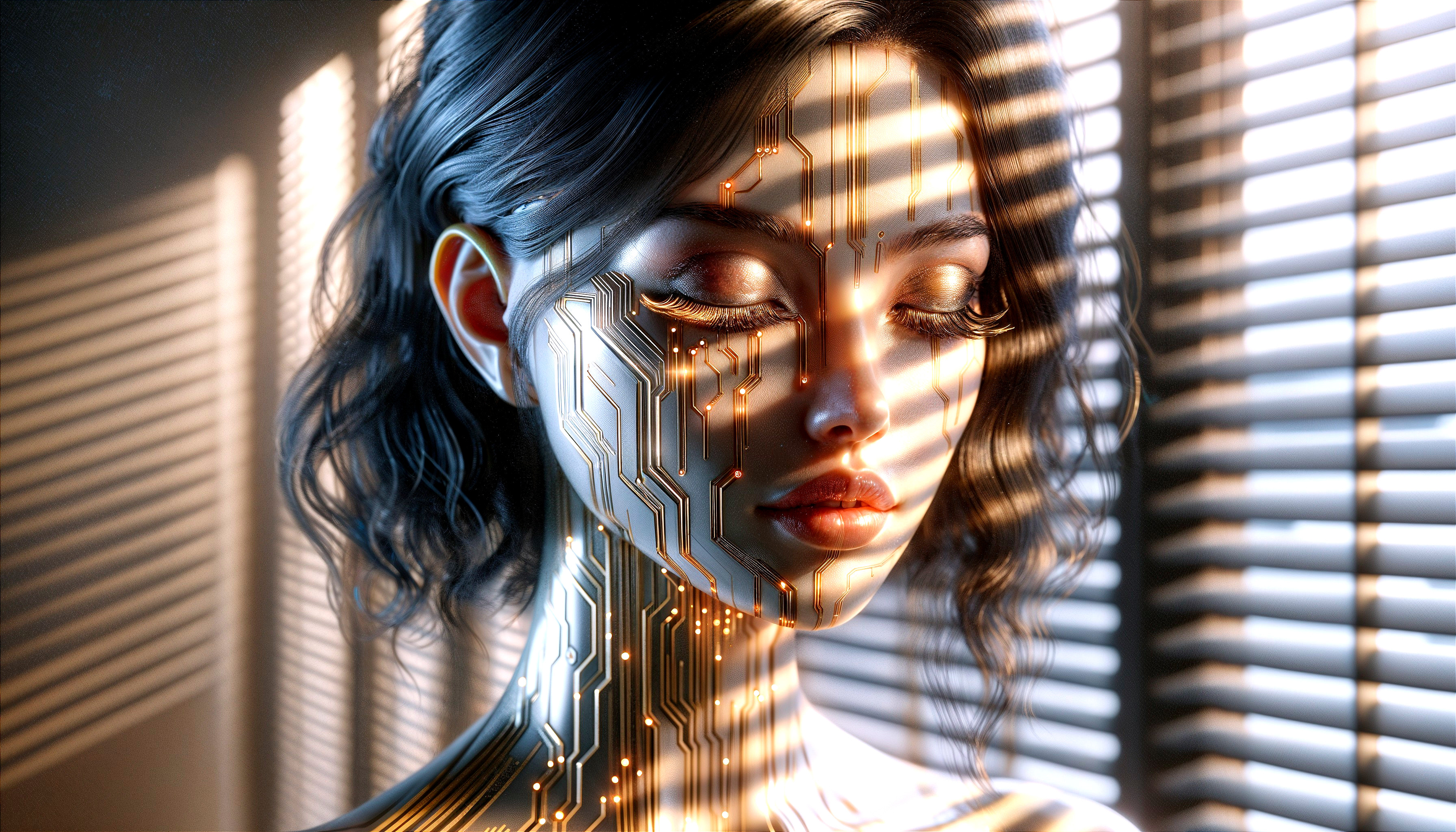 Close-up of a woman's face with circuit patterns