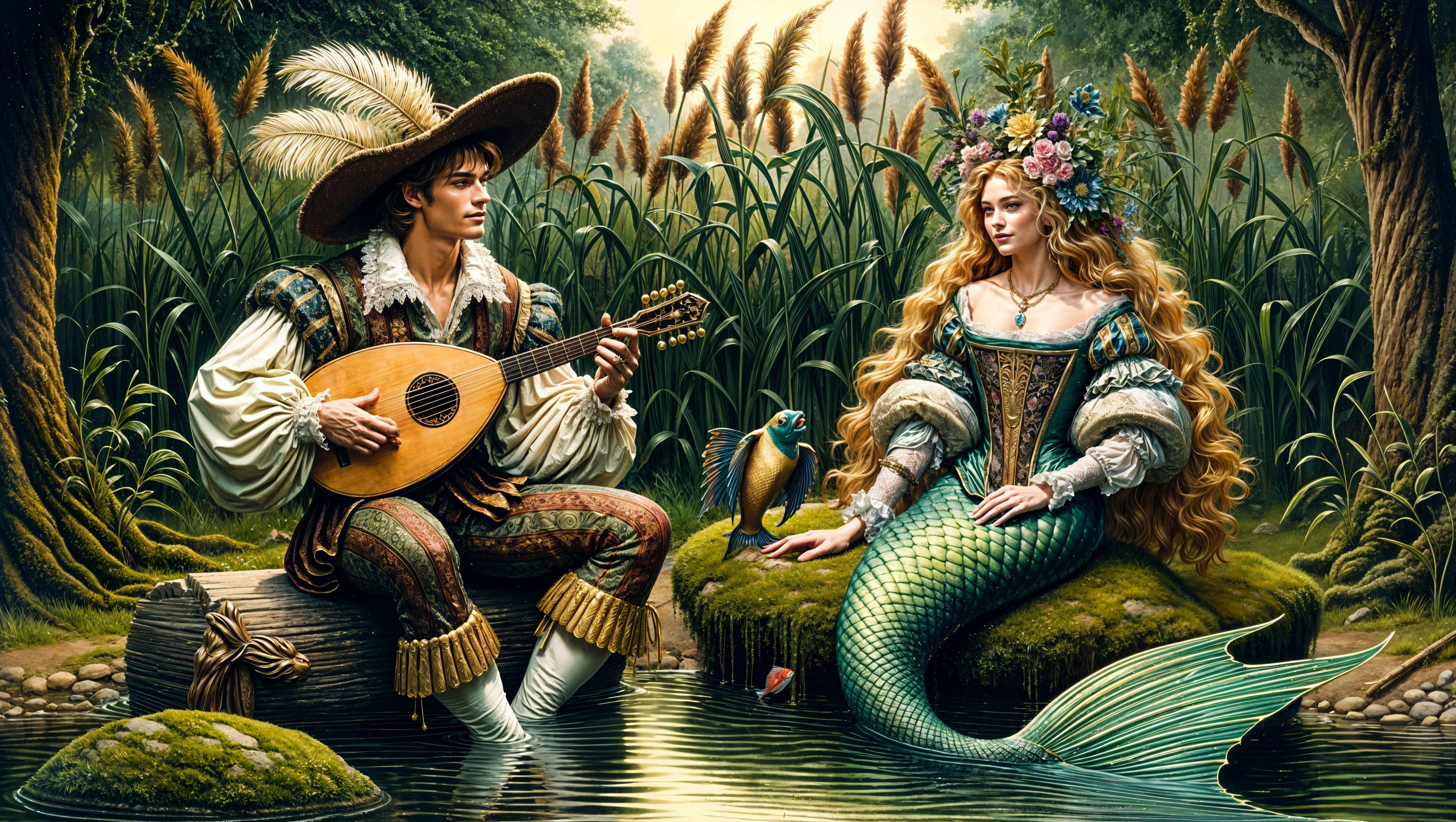 Bard and Mermaid in Enchanted Nature Scene