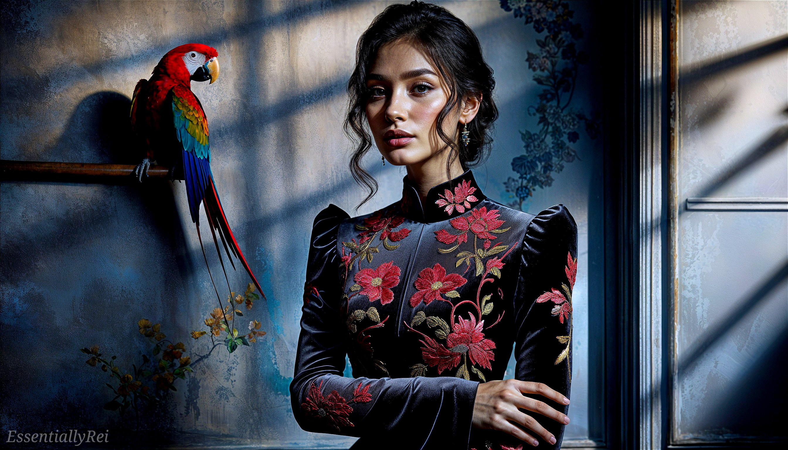 Elegant Woman in Floral Dress with Parrot Background